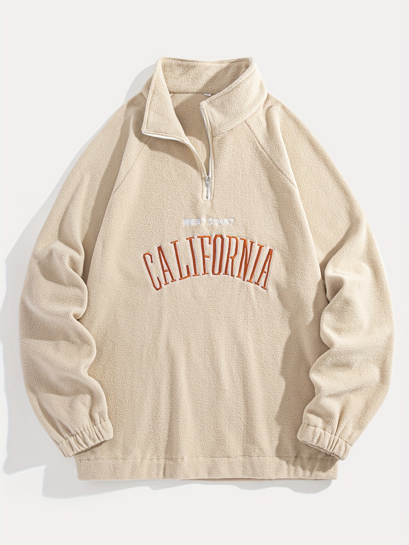 Men's Embroidered Fleece Pullover Sweatshirt with Quarter-Zip Stand Collar - Casual Long Sleeve, Polyester Blend