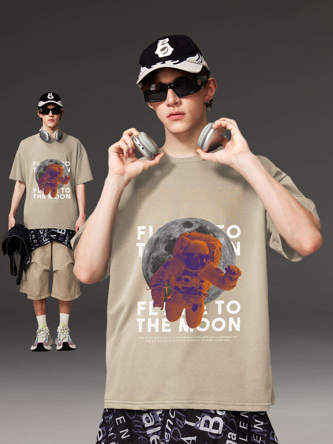 PRIVATHINKER Men's "Fly Me to The Moon" Graphic Tee - 100% Cotton, Oversized & Lightweight, Casual Summer Streetwear with Astronaut & Moon Design, Short Sleeve, Round Neck