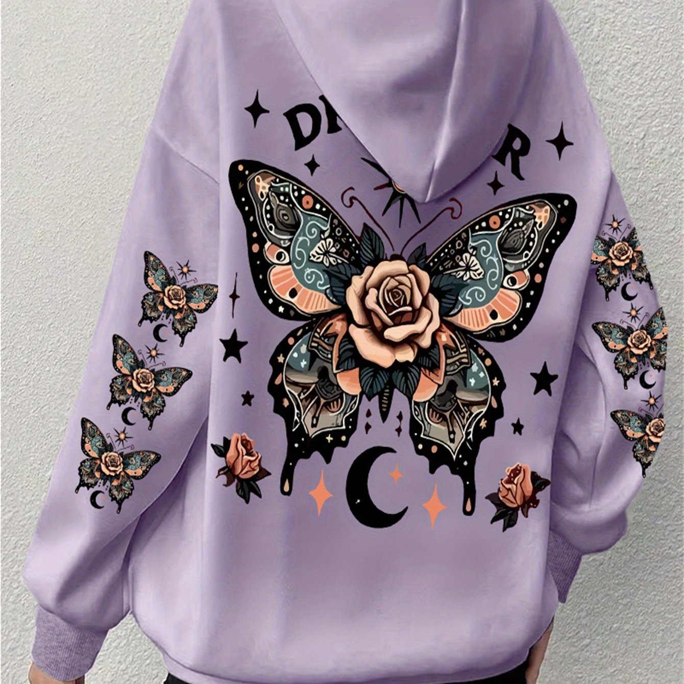 Plus Size Butterfly Print Drawstring Hoodie, Casual Long Sleeve Kangaroo Pocket Hooded Sweatshirt For Fall & Winter, Women's Plus Size Clothing