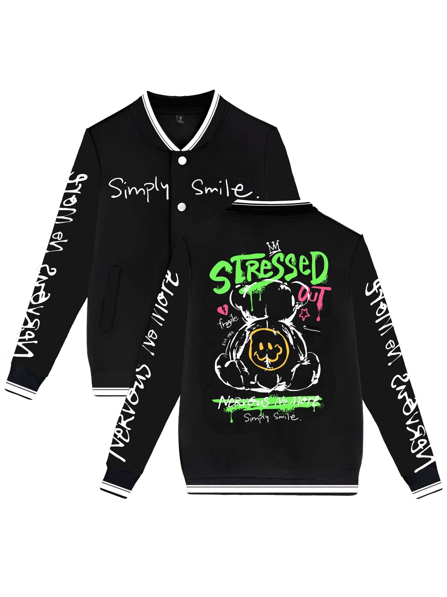 Men's Trendy Bear-Themed Varsity Jacket - Lightweight, Warm Fleece-Lined Baseball Coat with Pockets, Machine Washable