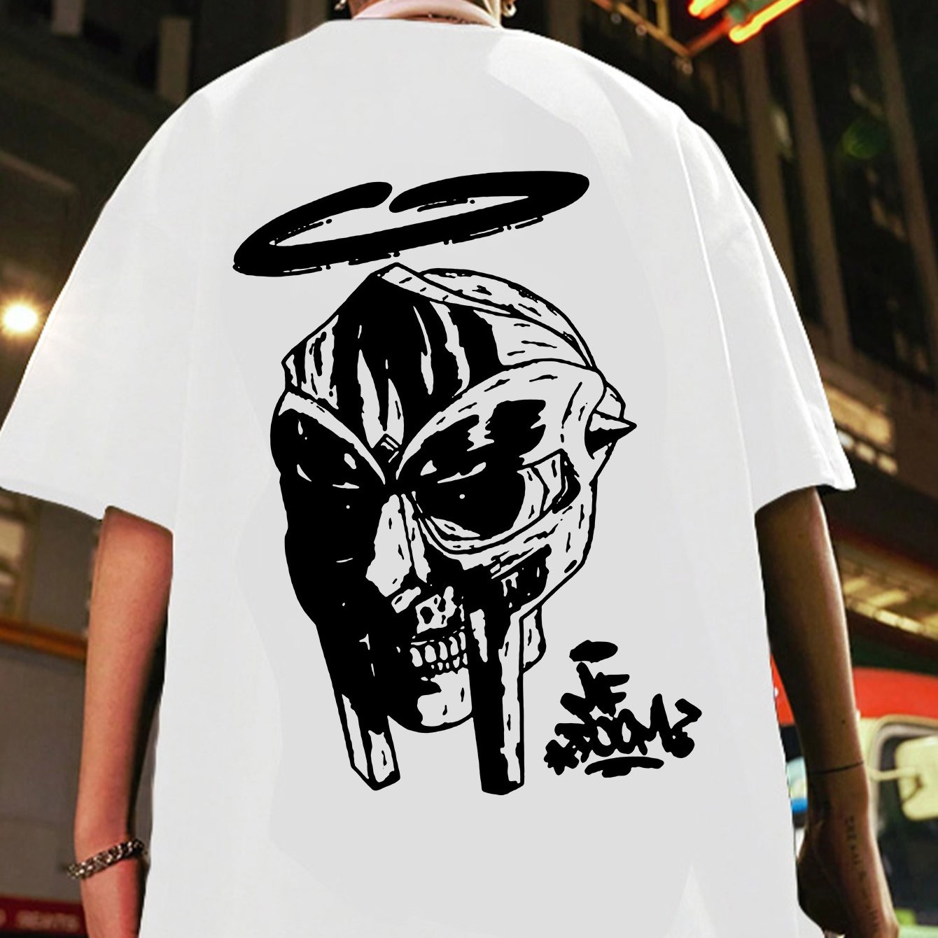 Men's Oversized MF DOOM Mask Graphic Tee - Casual Trendy Summer Black T-Shirt with White Print, 100% Polyester, Machine Washable, Vacation Style, H Version, Leisure Outing Occasion, Summer