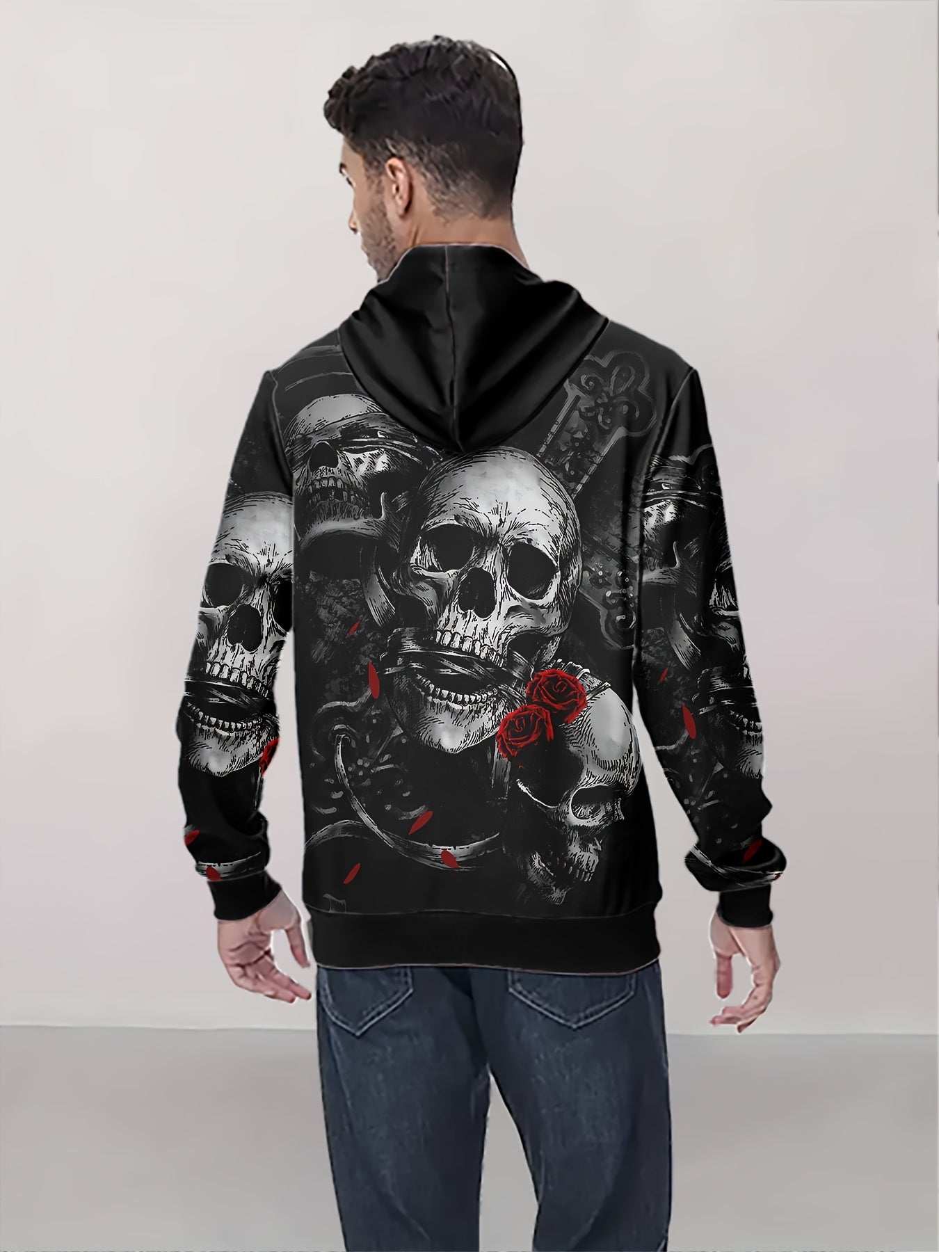 Men'S Gothic Skull Hoodie, 3D Rose and Skeleton Print, Casual Polyester Sweatshirt, Slight Stretch Knit Fabric, Regular Fit, for Spring/Fall Outdoor Wear