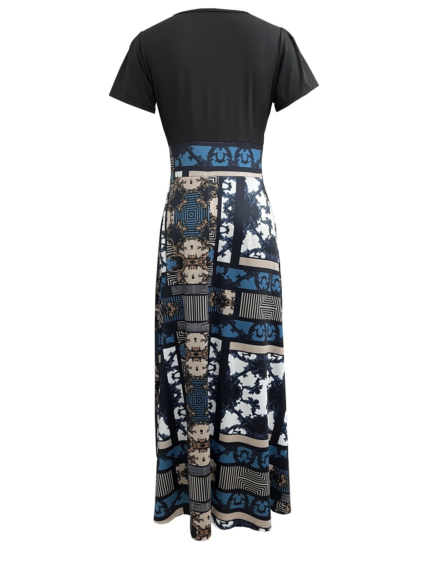 Floral Print Splicing Maxi Dress, Casual Crew Neck Short Sleeve Dress For Spring & Summer, Women's Clothing