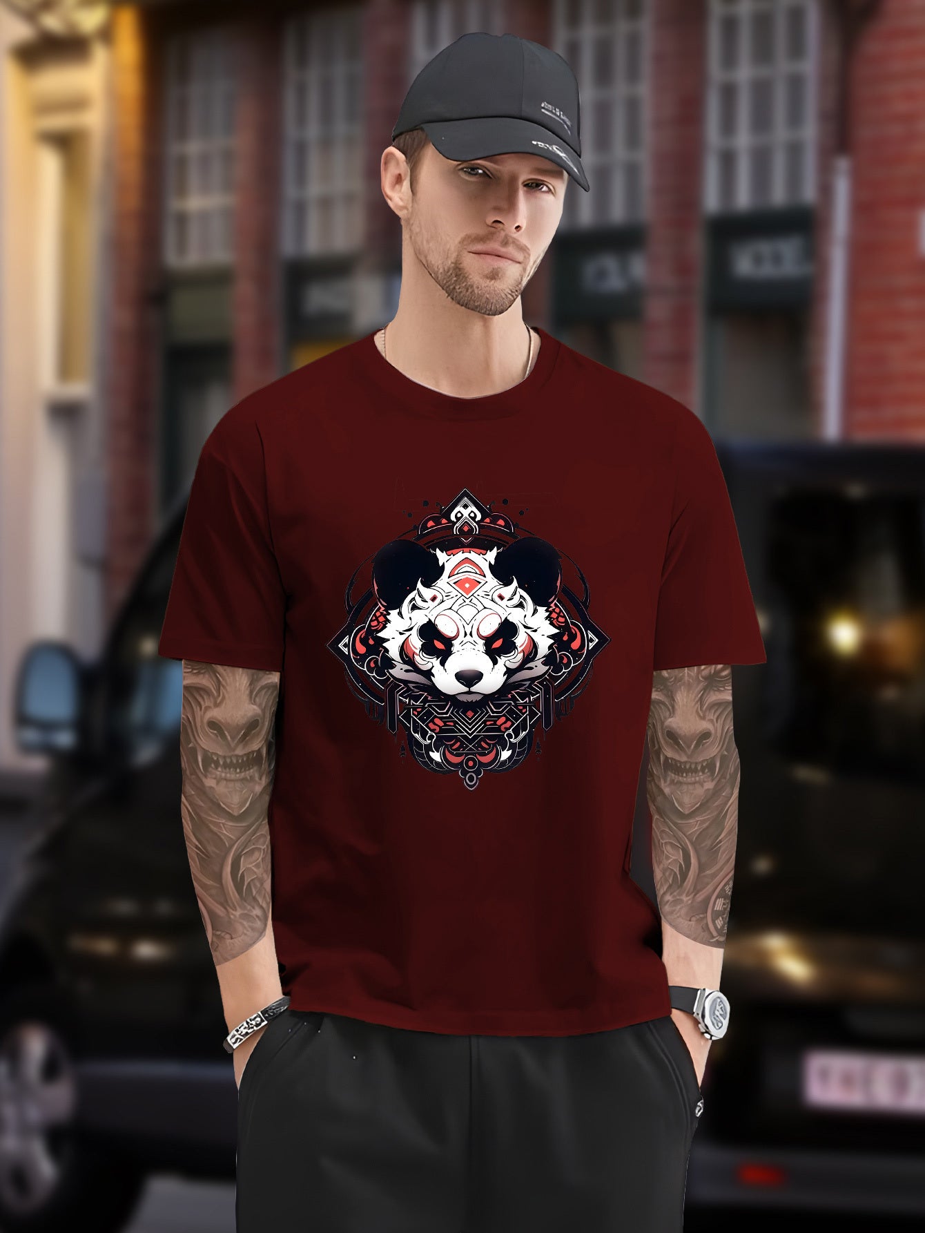 Men's Plus Size Black T-Shirt with Panda Graphic - Casual, Non-Stretch Polyester, Crew Neck, Short Sleeve Tee for Summer, Oversized T Shirt