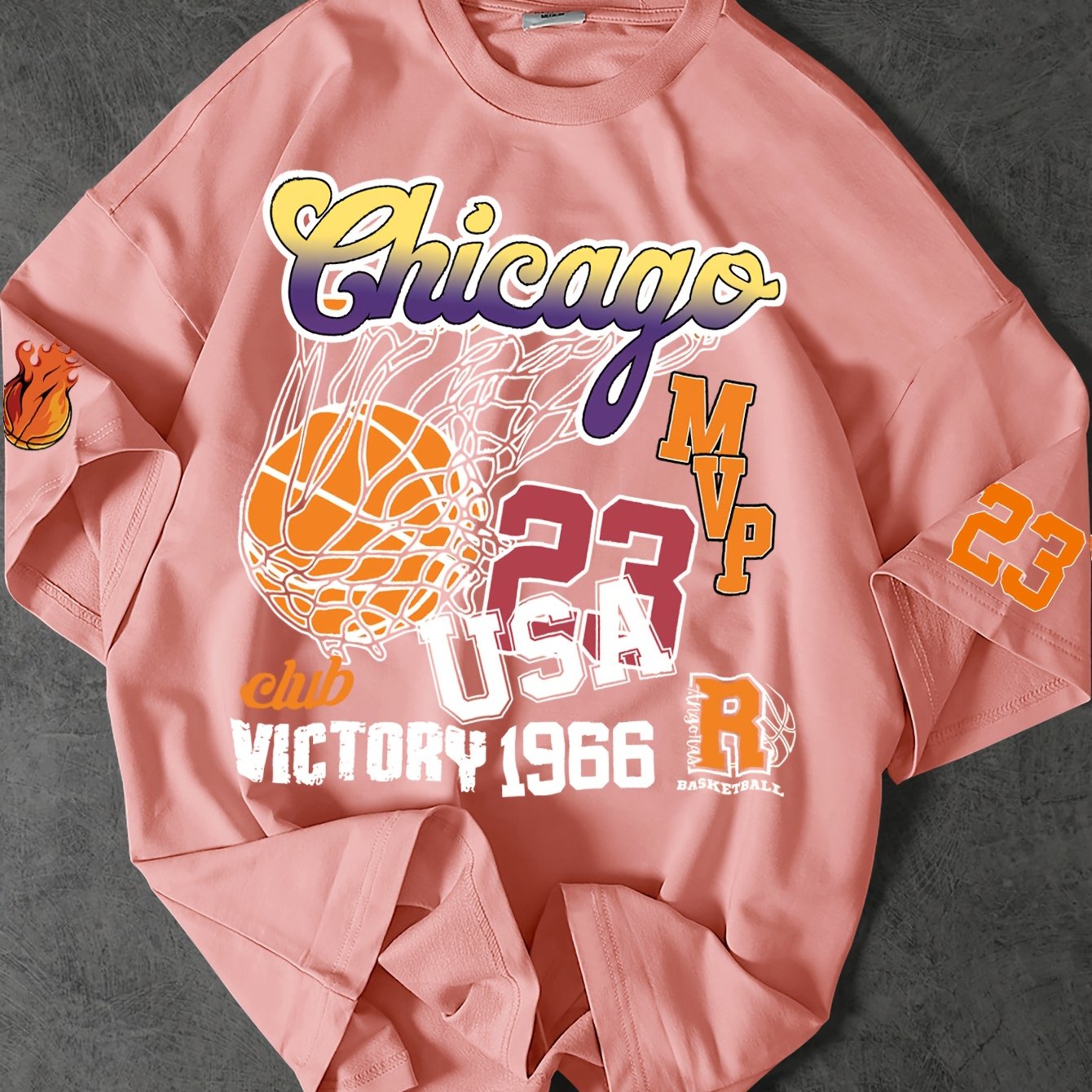 Men'S Casual Basketball Print Crew Neck T-Shirt, Polyester Knit Fabric, Loose Fit, with Slight Stretch, for Summer Tee