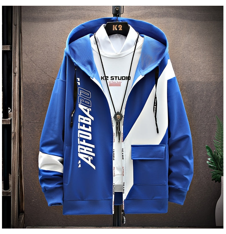 Men's Casual Hoodie with Geometric Print - Cozy & Warm Zip-Up Jacket for Fall/Winter, Polyester Blend, Young Fashion, Sports