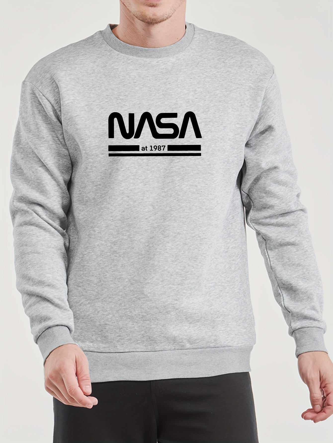 Thin European and American Men's Casual Sports Style Round Neck Geometric Letters NASA1987 Pattern Print Hoodie