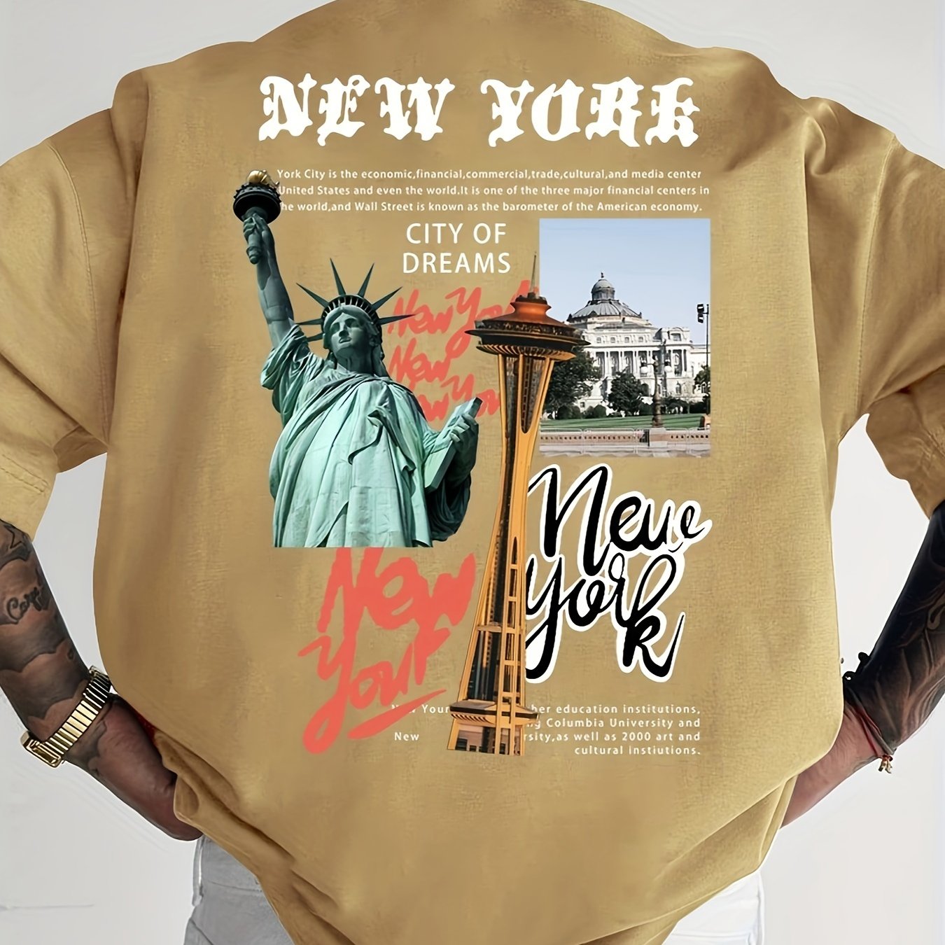 Men's Casual Statue of Liberty & Letter Print T-Shirt - Loose Fit, Breathable Polyester, Round Neck - Perfect for Summer