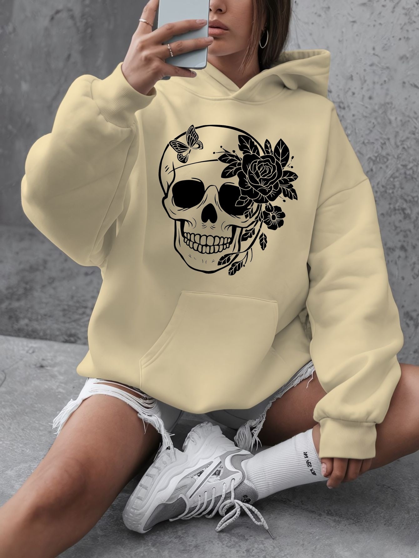 1pc Women'S Plus Size Casual Hoodie with Floral Skull Print, Polyester Knit Sweatshirt, Long Sleeve Pullover with Pockets, Letter Pattern, Round Neck Hooded Top, with Autumn/Winter Fashion