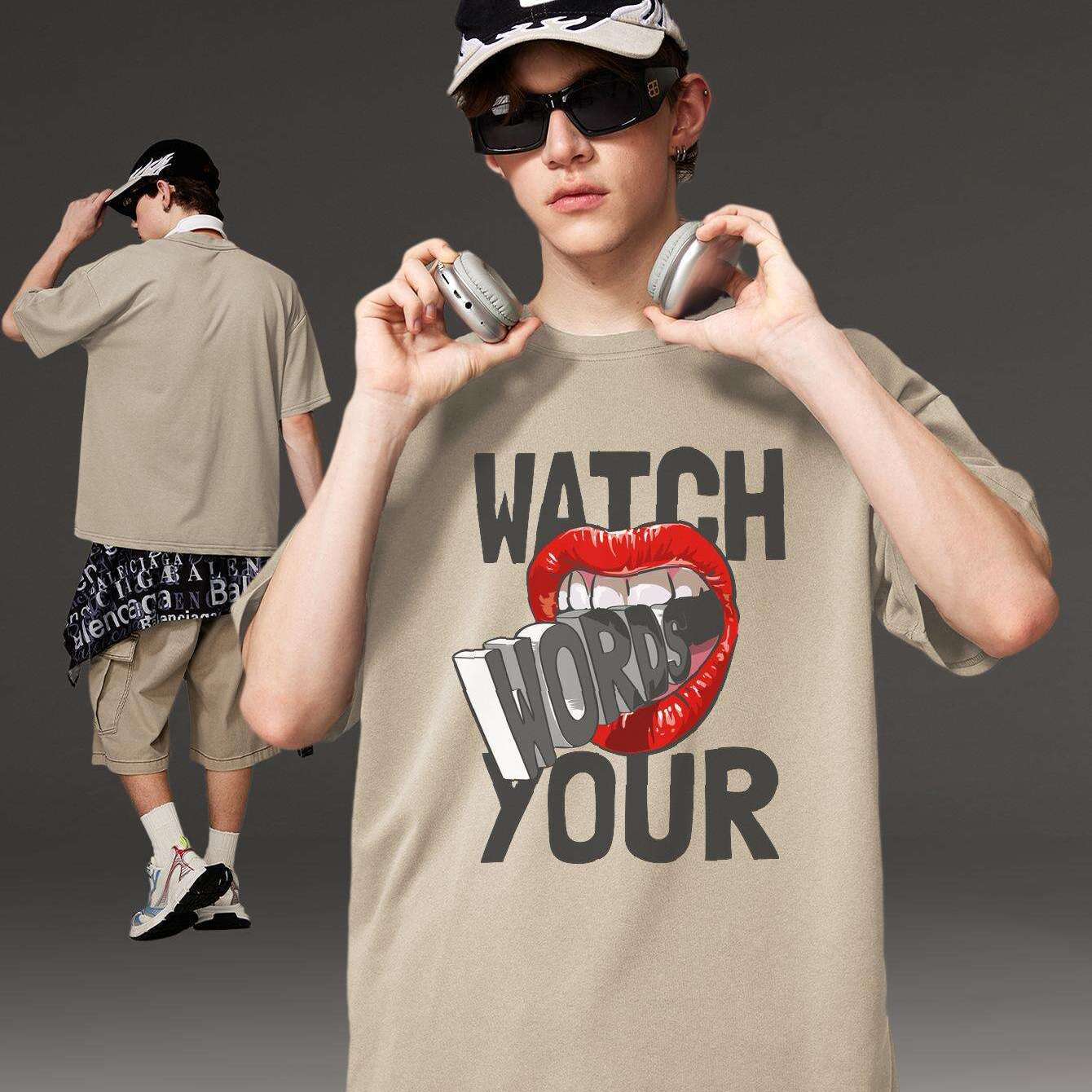 PRIVATHINKER "Watch Your Words" Graphic Tee for Men - Oversized, 100% Cotton, Short Sleeve, Casual Summer Streetwear with Red Lip & Lightning Bolt Design, Machine Washable