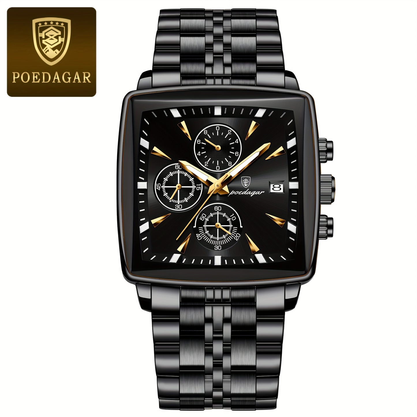 POEDAGAR Men'S Business Quartz Watch, Stainless Steel Square Dial, Luminous Hands, Date Calendar, Battery Powered, with Non-Rechargeable Button Battery, for Thanksgiving & Christmas Gifts, Water Resistant