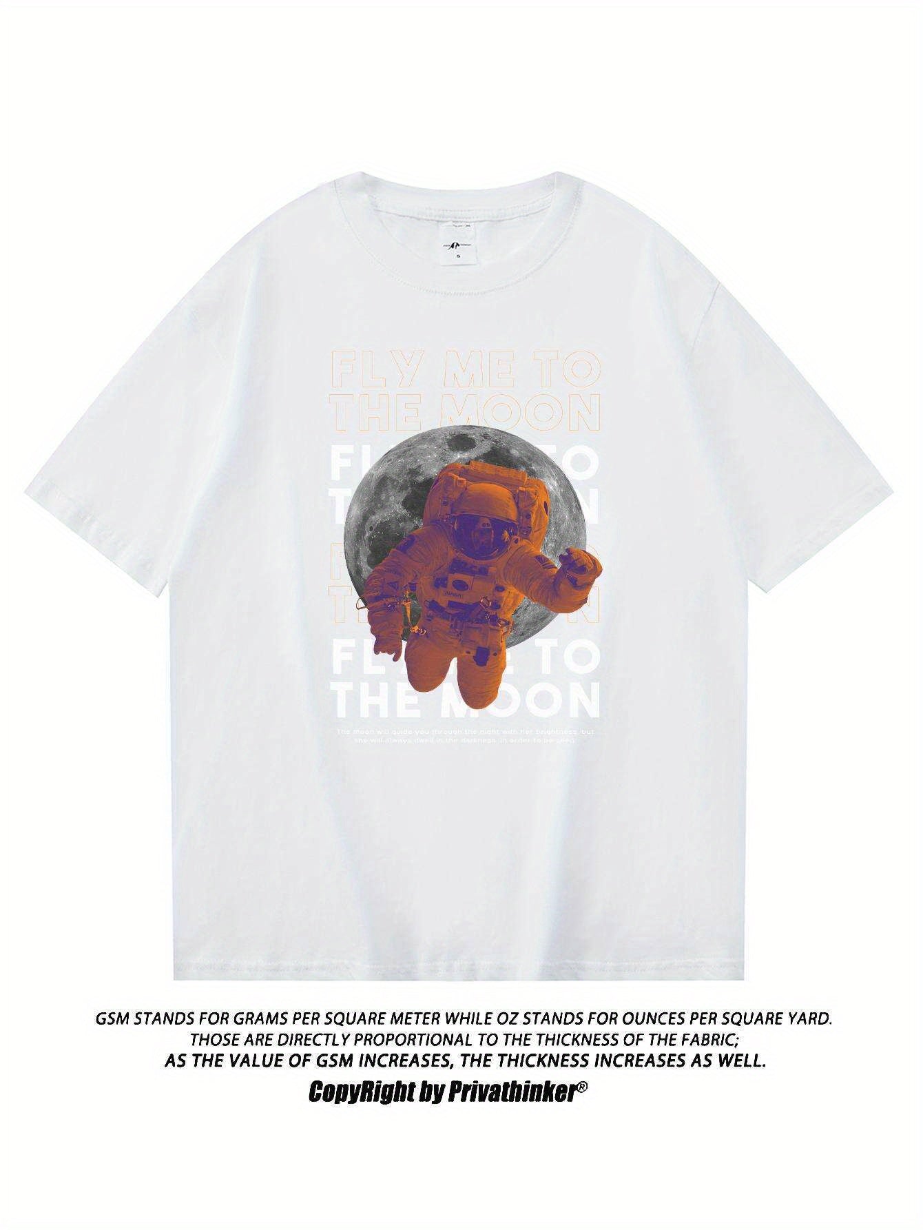 PRIVATHINKER Men's "Fly Me to The Moon" Graphic Tee - 100% Cotton, Oversized & Lightweight, Casual Summer Streetwear with Astronaut & Moon Design, Short Sleeve, Round Neck