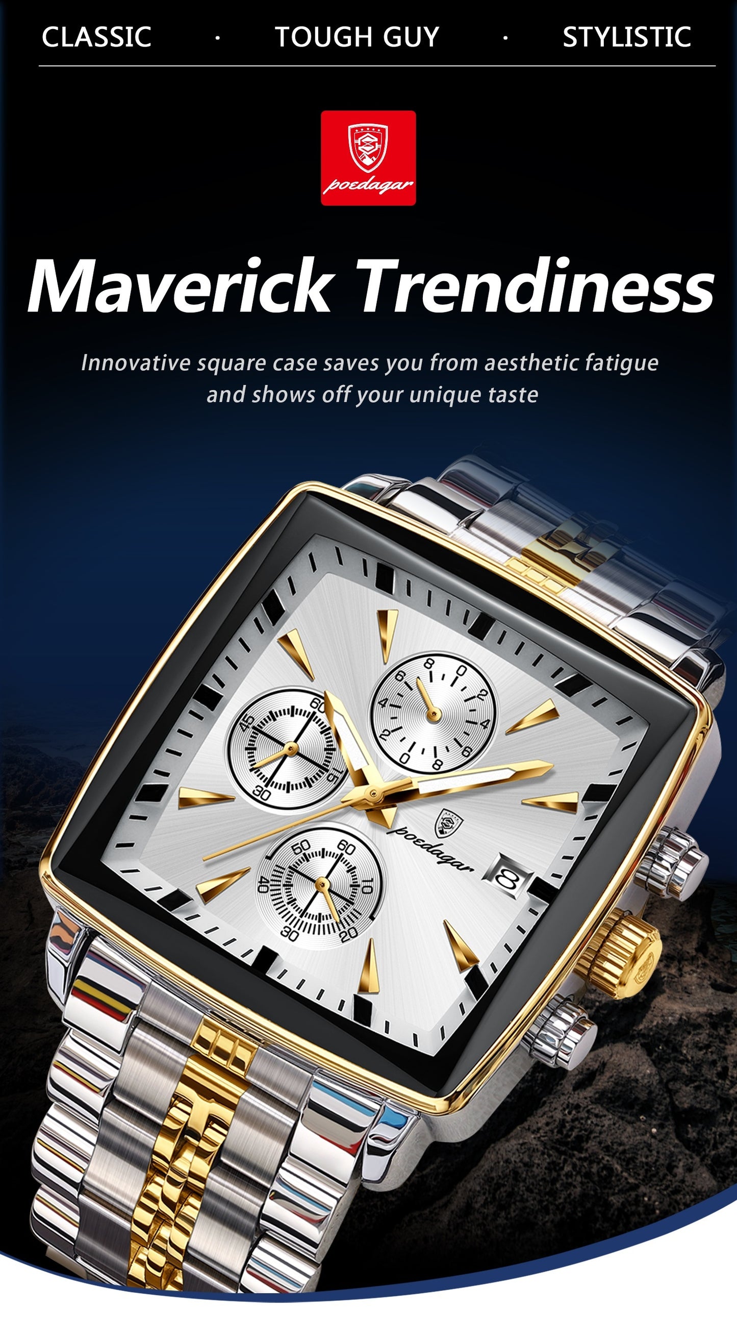 POEDAGAR Men'S Business Quartz Watch, Stainless Steel Square Dial, Luminous Hands, Date Calendar, Battery Powered, with Non-Rechargeable Button Battery, for Thanksgiving & Christmas Gifts, Water Resistant