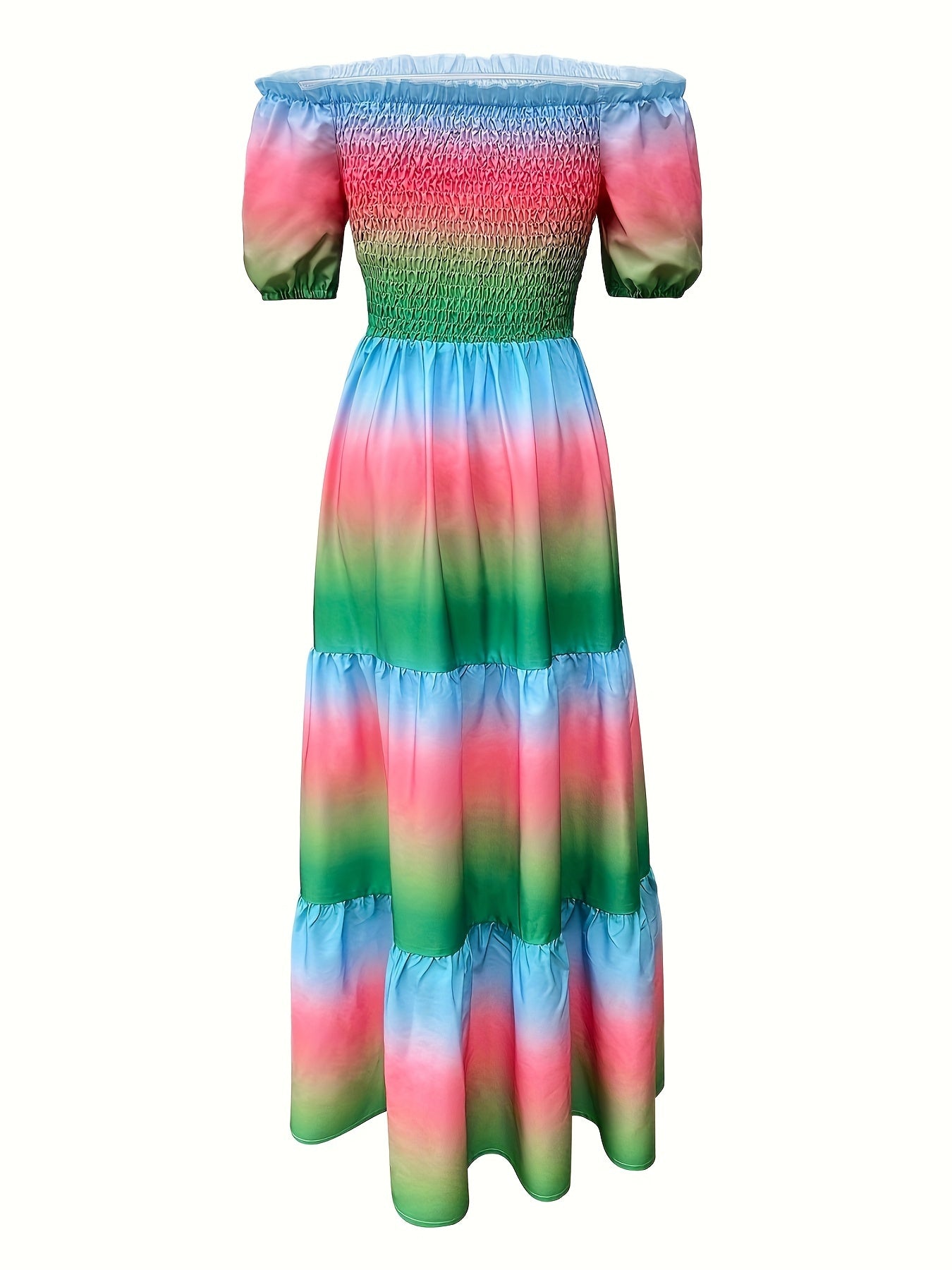 Gradient Print Tiered Dress, Casual Off Shoulder Shirred Party Dress, Women's Clothing