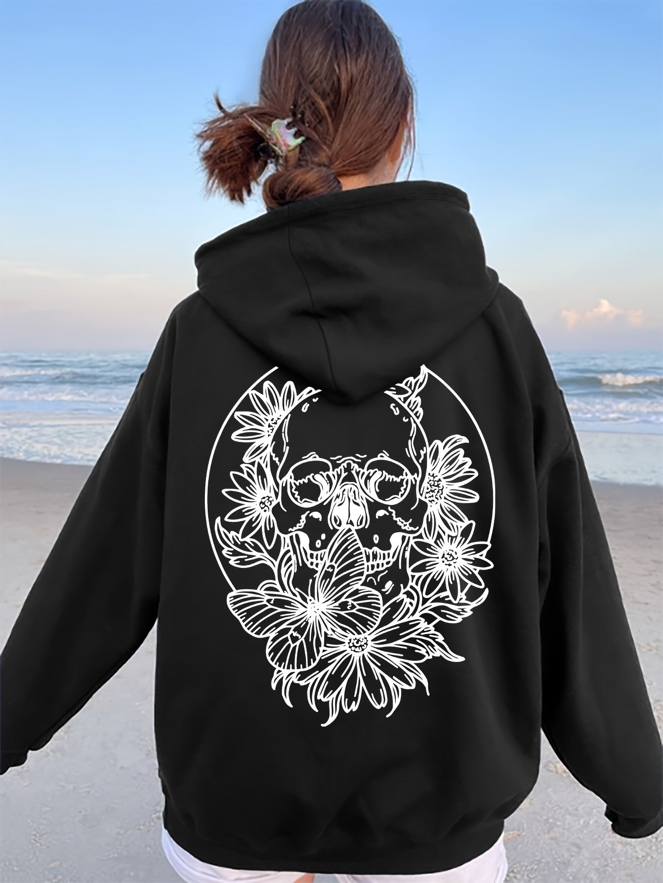 Plus Size Floral Skull Print Hoodie - Casual Oversized Pullover with Long Sleeves, Pocket Detail, Slight Stretch Polyester - Women's Fall/Winter Hooded Knit Sweatshirt