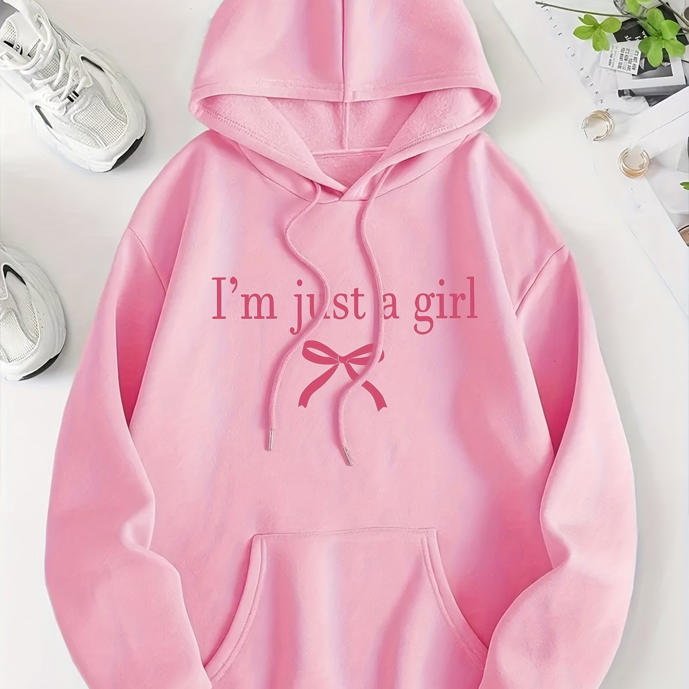 Women'S Casual Letter & Bow Print Hoodie, Polyester Stretch Fabric, Regular Fit with Kangaroo Pocket, Fashionable Pullover Sweatshirt for Adults, Winter Knitwear