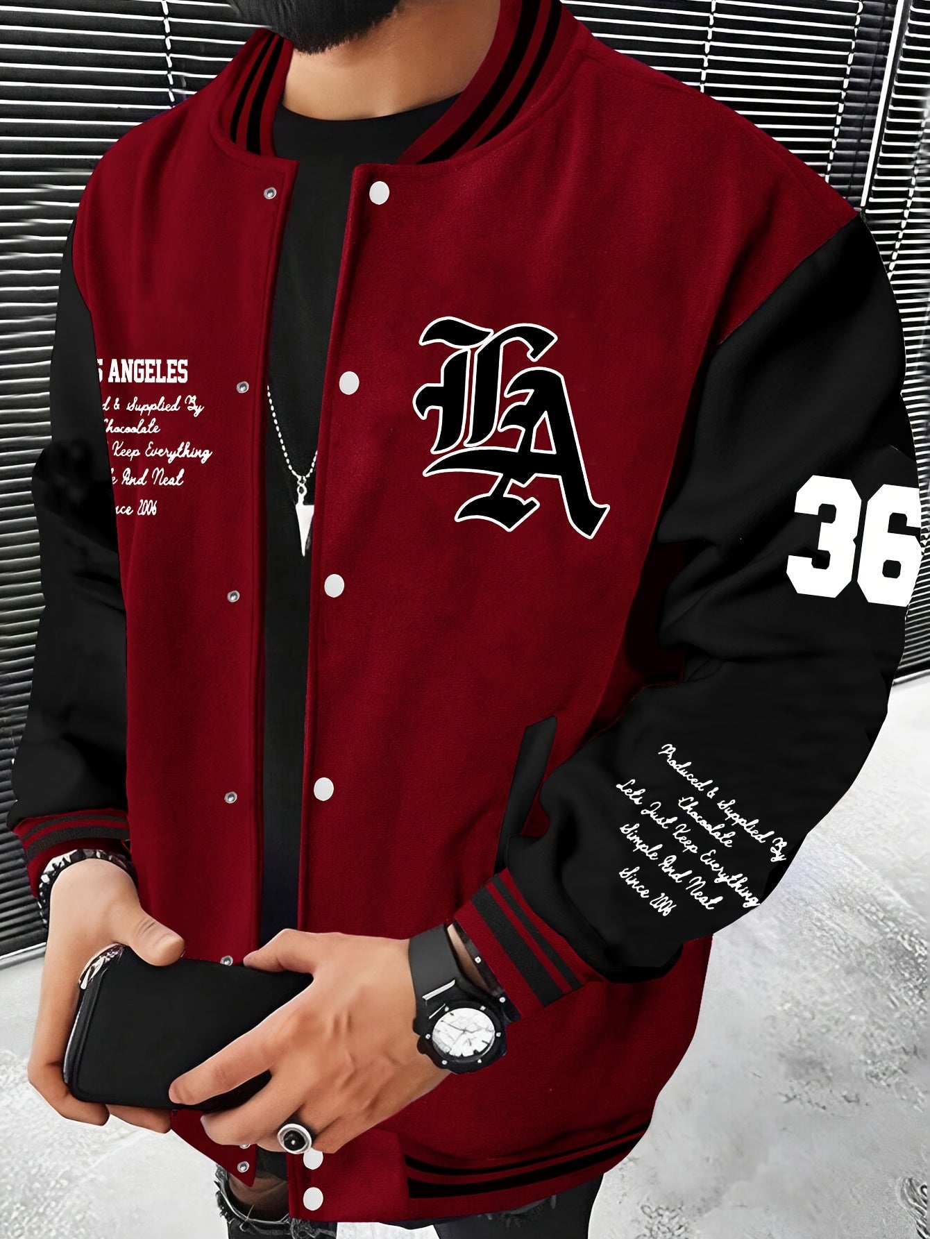 Men'S Casual LA Geometric-Pattern Baseball Jacket, 100% Polyester Knit Fabric, Regular Fit, with Slight Stretch, Button Closure and Polyester Lining, for All-Season Outerwear