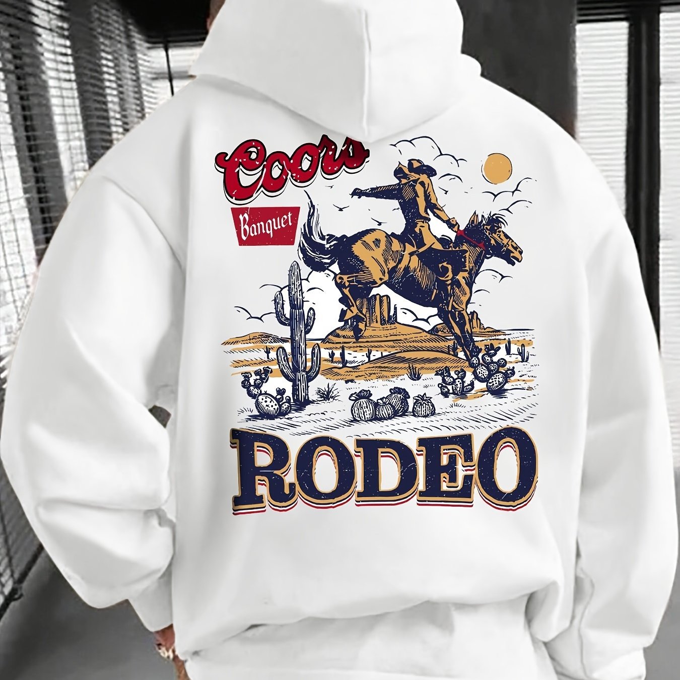 Men'S Coors Banquet Rodeo Graphic Hoodie, Casual French Terry Knit Fabric, Loose Fit Pullover with Hood, Alphabet Pattern, with Pocket, for Durable & Comfortable Winter Essential