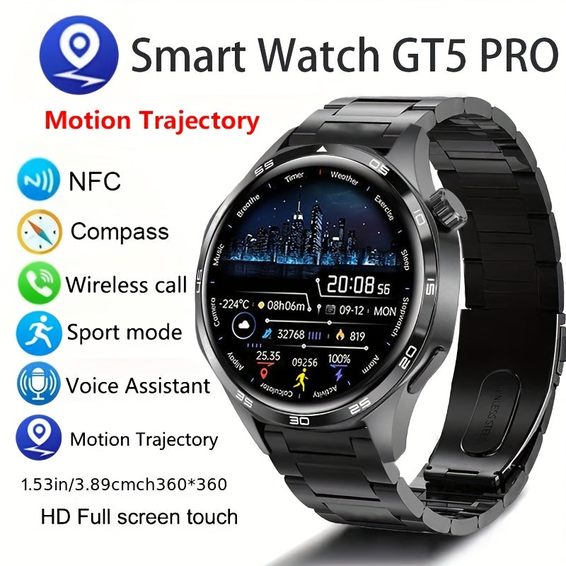 New Watch 5 Pro Smartwatch With 1.53-inch High-definition Screen, Voice Calling, Wireless Calling, NFC Access Control, Outdoor Sports Trajectory Smartwatch With Voice Assistant, Compass, Pedometer, Suitable For Android/iPhone