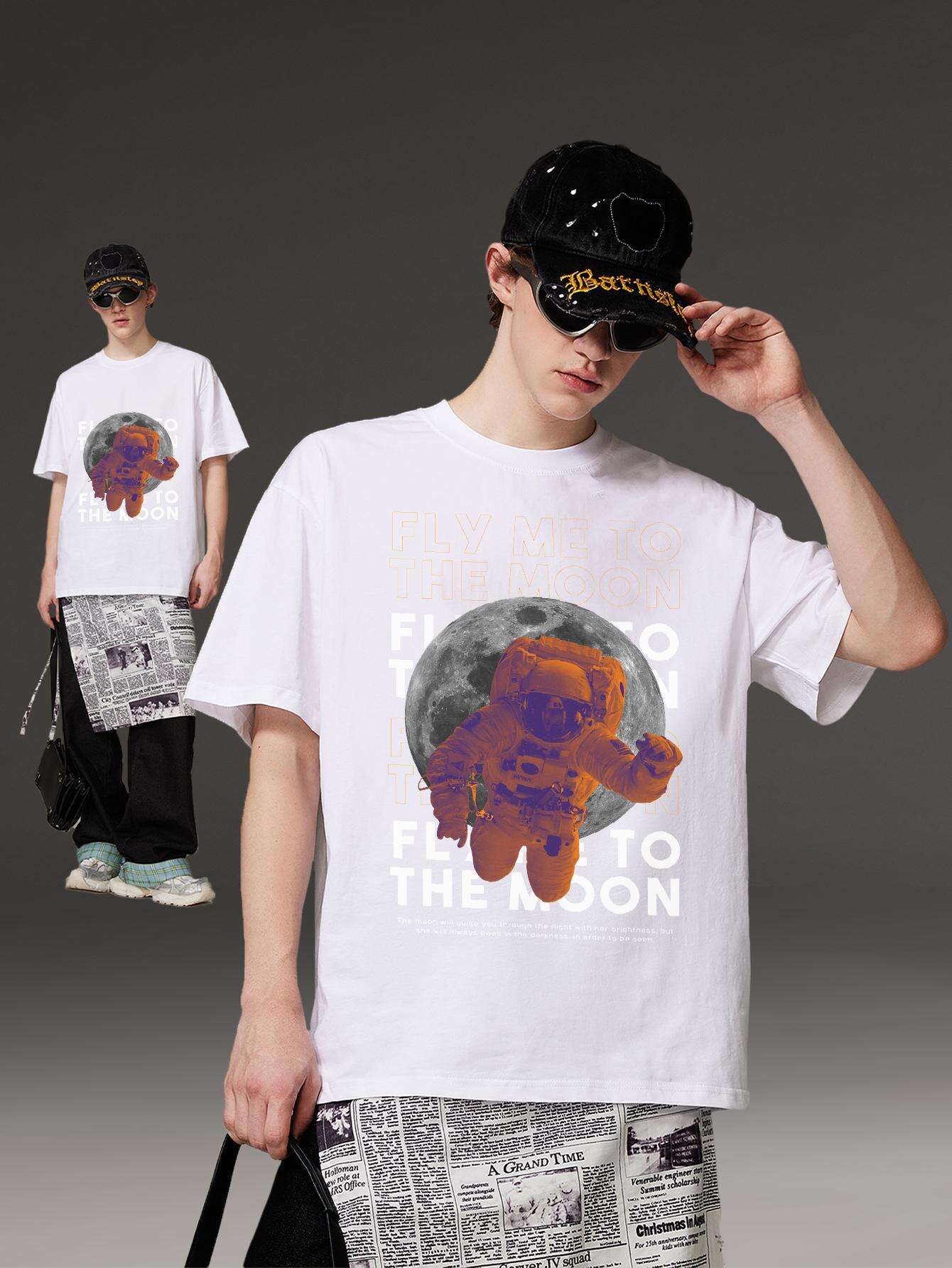 PRIVATHINKER Men's "Fly Me to The Moon" Graphic Tee - 100% Cotton, Oversized & Lightweight, Casual Summer Streetwear with Astronaut & Moon Design, Short Sleeve, Round Neck