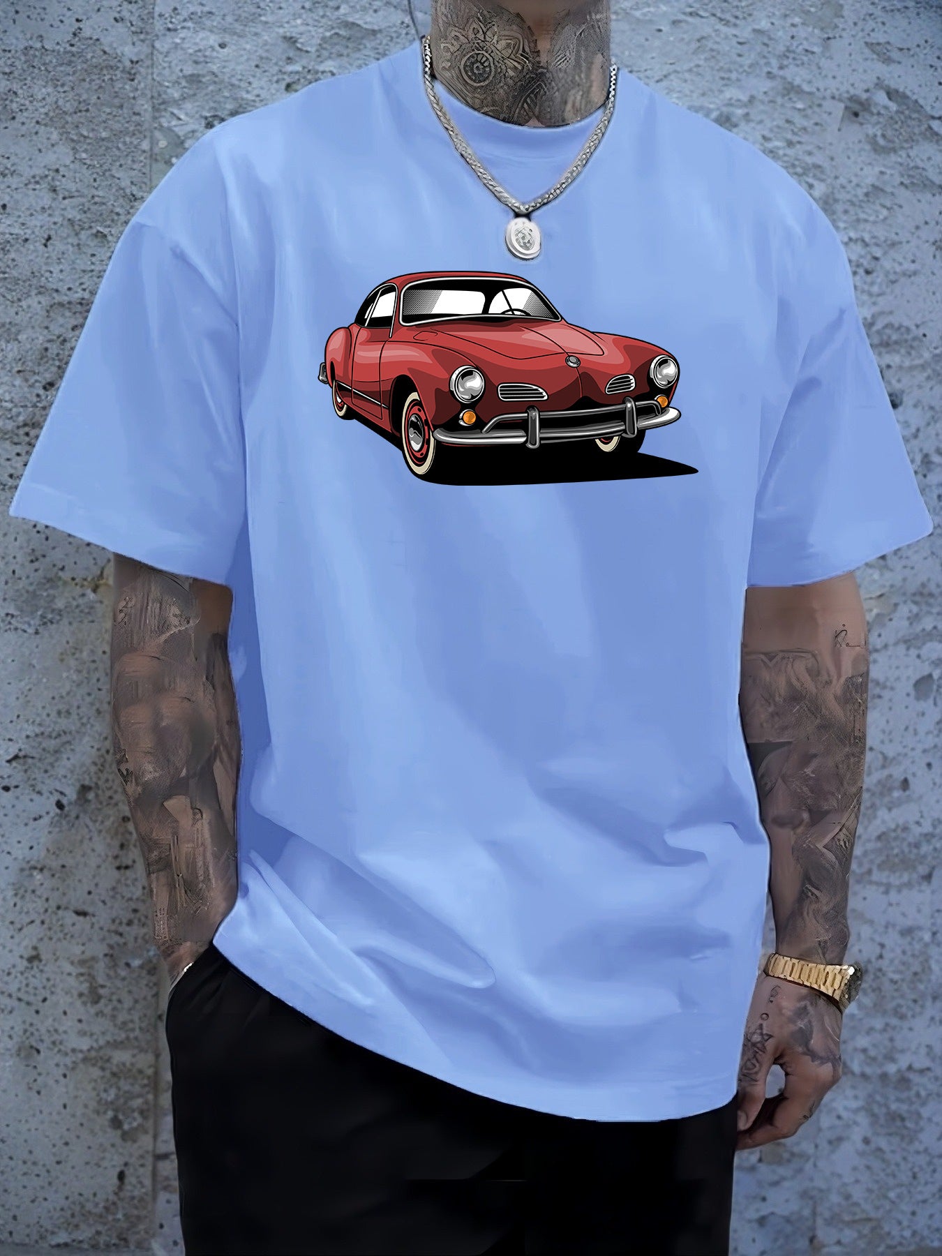 Men's Navy Blue Graphic Tee with Vintage Car Illustration - Casual & Sporty Polyester Round Neck T-Shirt, Machine Washable - Perfect for Summer Outings, Cool Oversized Tee Shirts