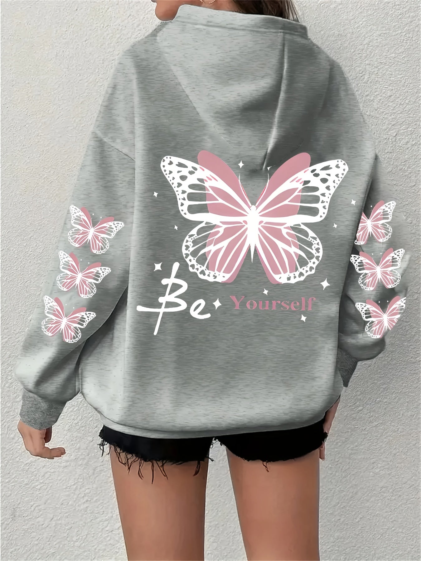 Women's Plus Size Butterfly & Letter Print Hoodie - Casual Long Sleeve Pullover with Pockets, Machine Washable, Extended Version, Sports Shirt