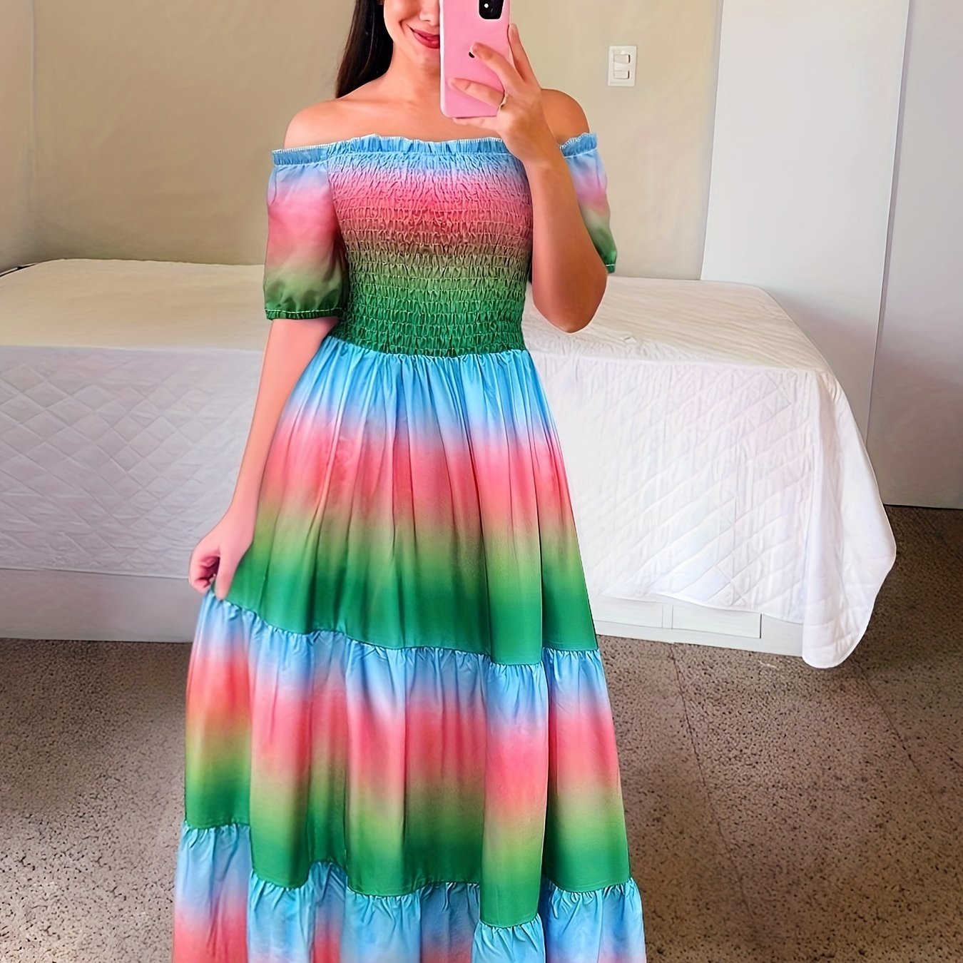 Gradient Print Tiered Dress, Casual Off Shoulder Shirred Party Dress, Women's Clothing