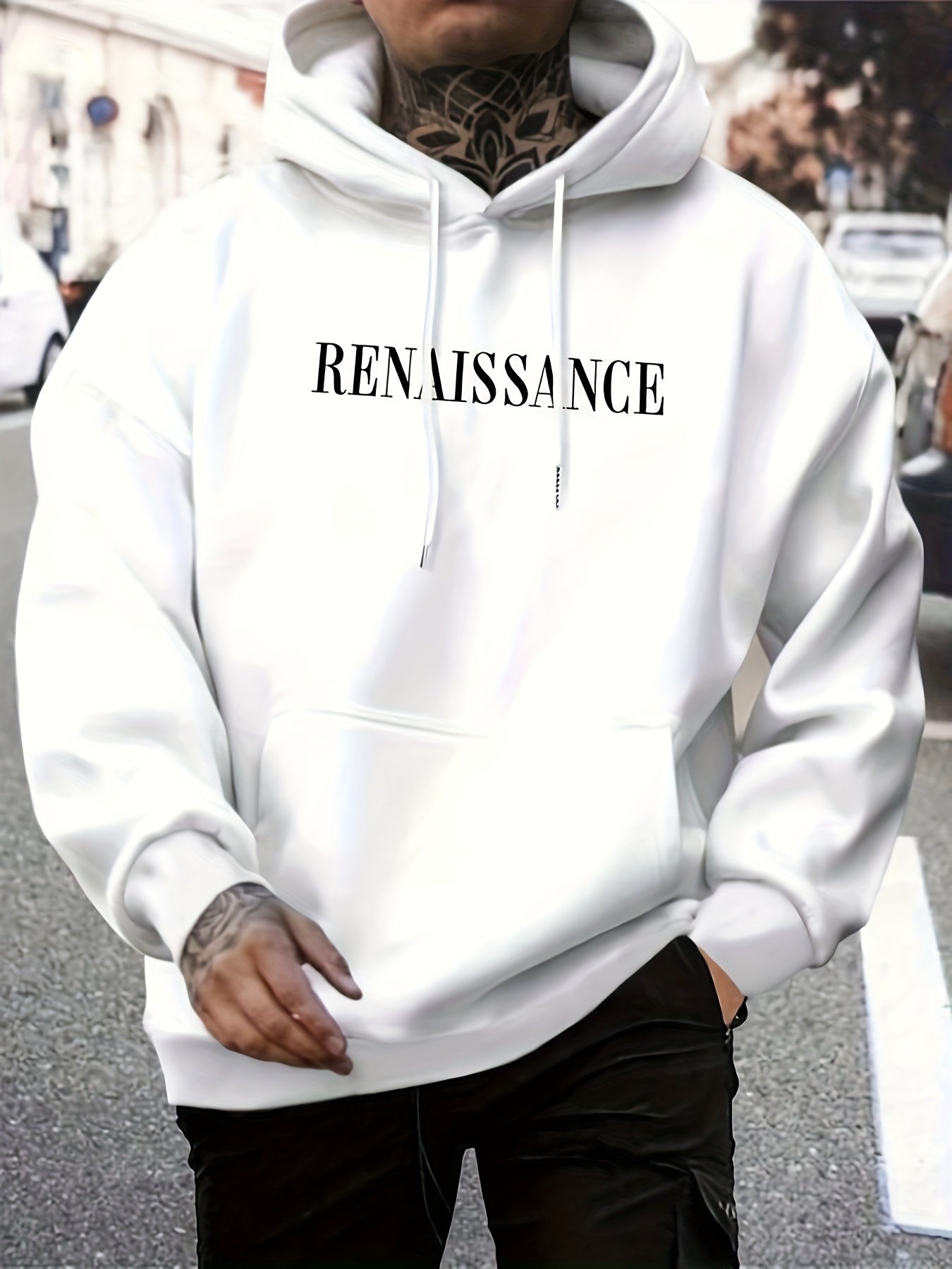 1pc Men'S Casual French Terry Hoodie with Angel Renaissance Print, Non-Stretch Knit Fabric, Loose Fit with Pockets, Alphabet Pattern, Comfortable Commuter Fashion Sweatshirt