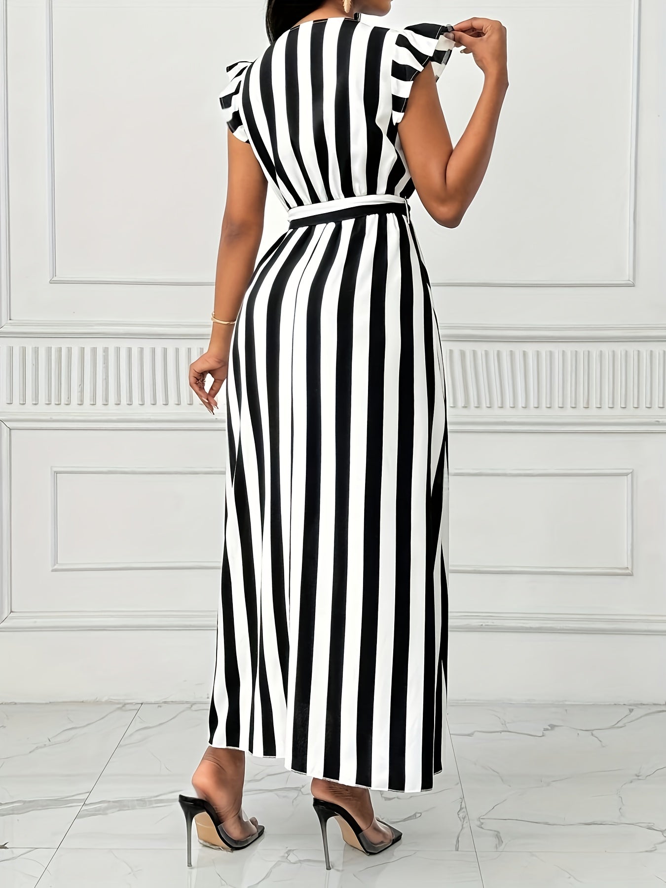 Elegant Women'S Long Dress with V-Neck and Butterfly Sleeves, Black and White Vertical Stripe Print, Polyester 100%, Lace-Up Detail, All-Season Pinafore Style