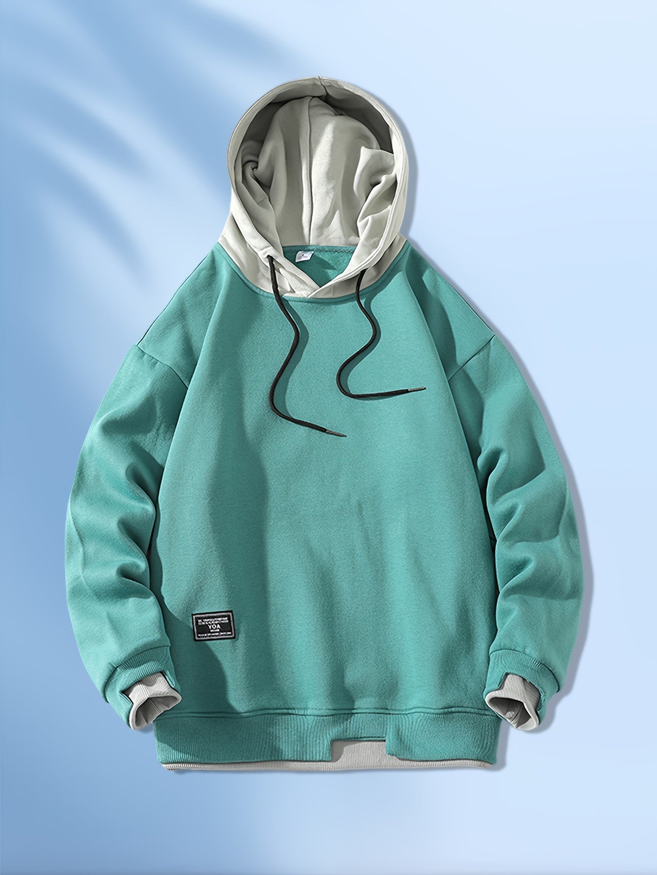 Men'S Fashion Casual Hooded Sweatshirt, 100% Polyester Knit Fabric, Long Sleeve, Loose Fit Pullover with Geometric Applique Design, Medium Stretch, for Spring/Autumn Trendy Streetwear