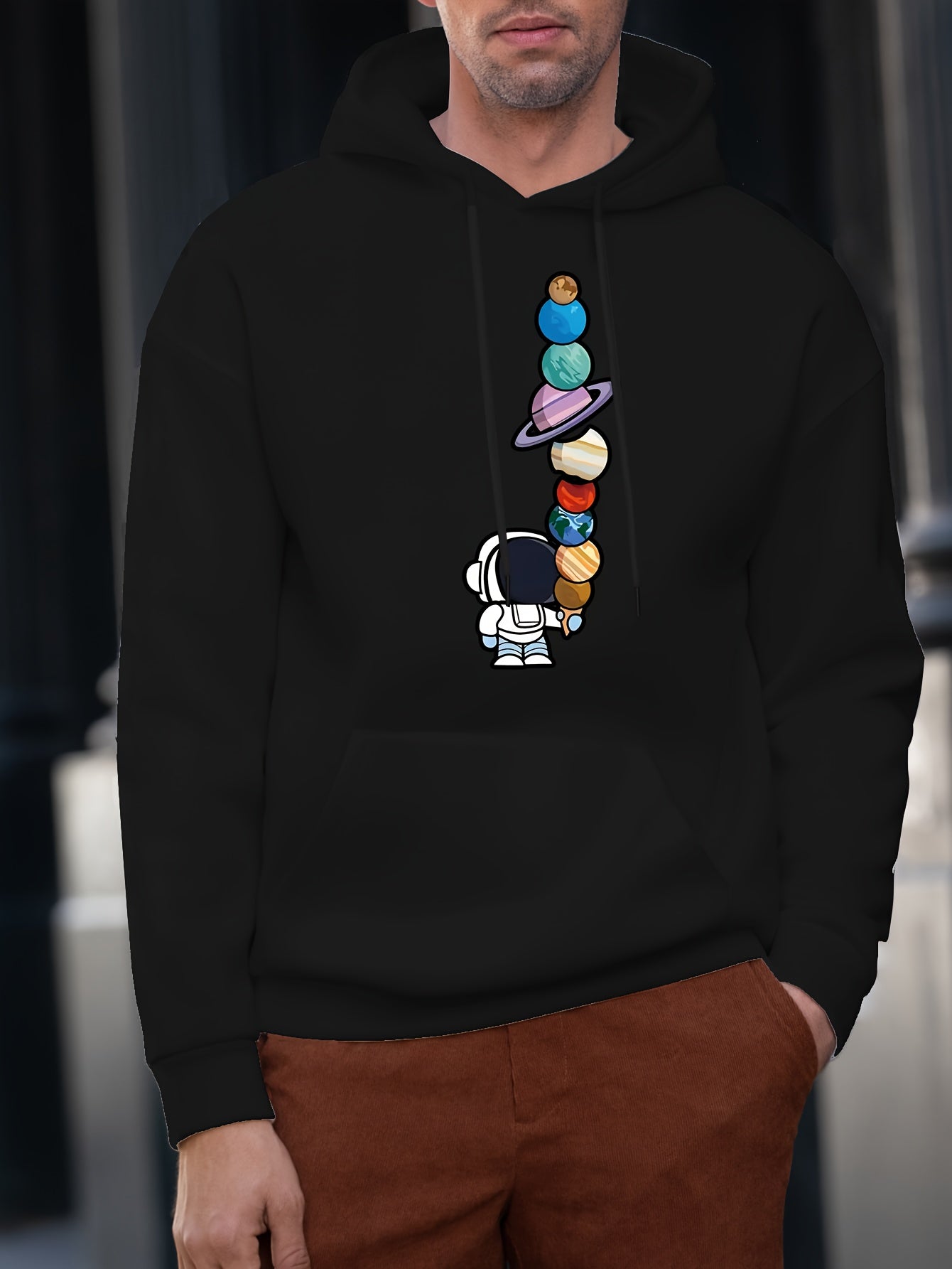 Astronaut And Planets Pattern Print Hooded Sweatshirt, Hoodies Fashion Casual Tops For Spring Autumn, Men's Clothing