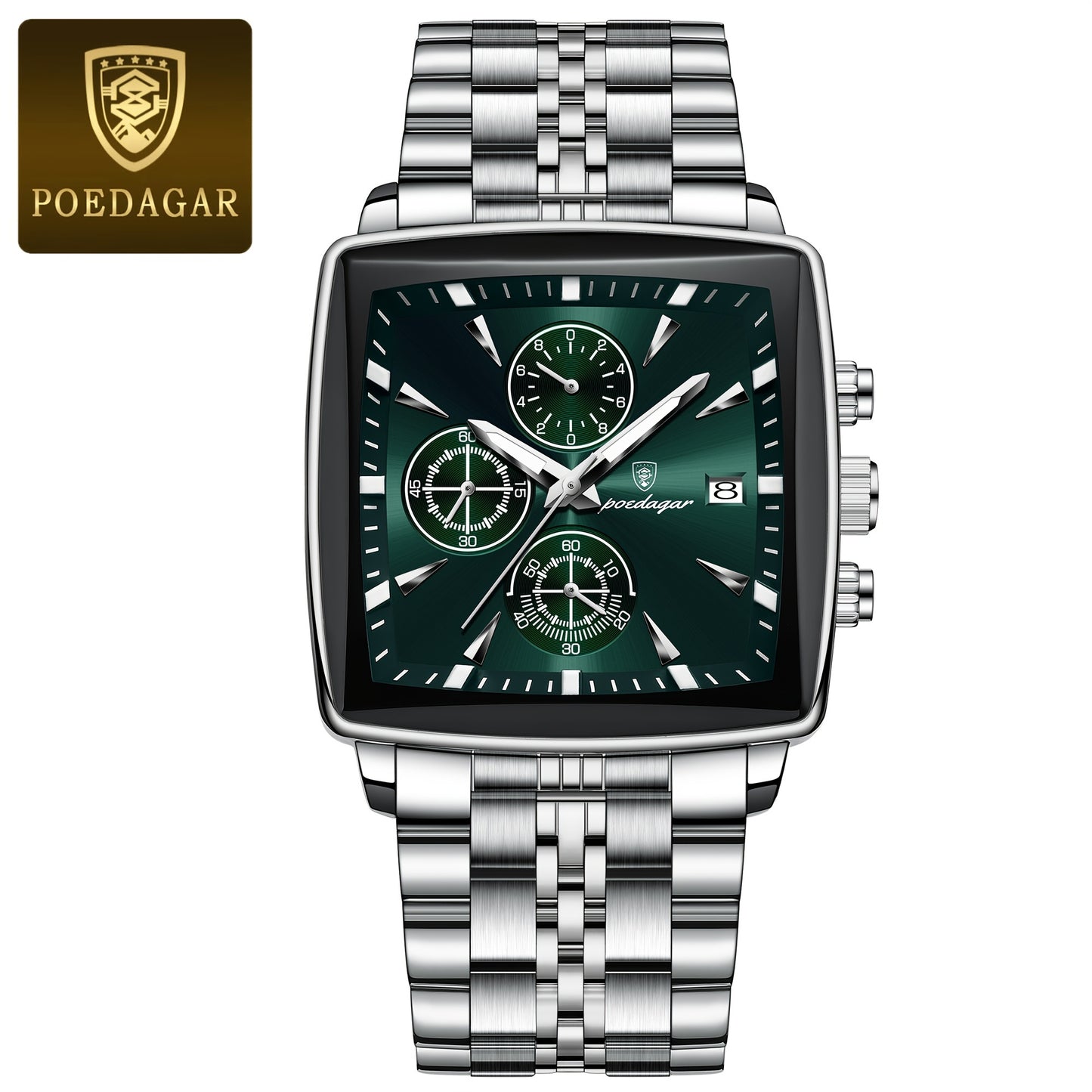 POEDAGAR Men'S Business Quartz Watch, Stainless Steel Square Dial, Luminous Hands, Date Calendar, Battery Powered, with Non-Rechargeable Button Battery, for Thanksgiving & Christmas Gifts, Water Resistant