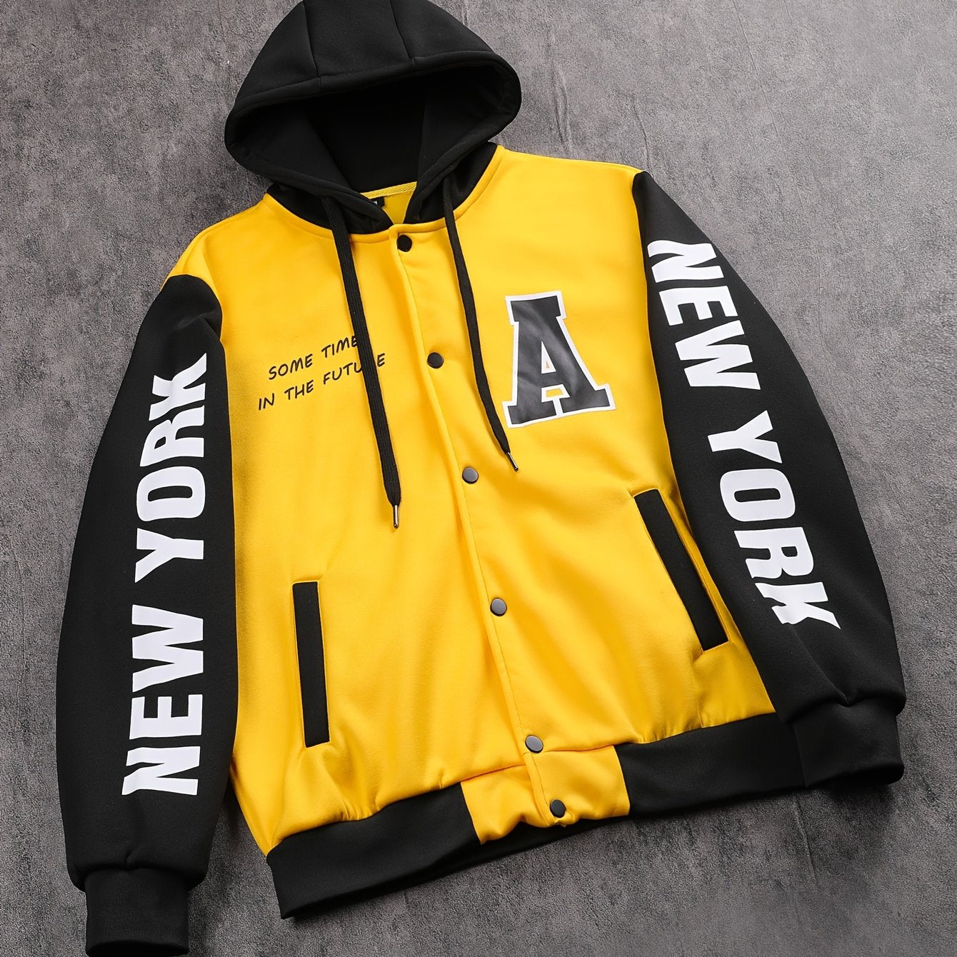1pc Men'S Casual Knit Fabric Hooded Jacket with Letter Print, Long Sleeve, Snap Closure, Pocket Detail, No Lining - Daily & Casual Wear Baseball Style Hoodie