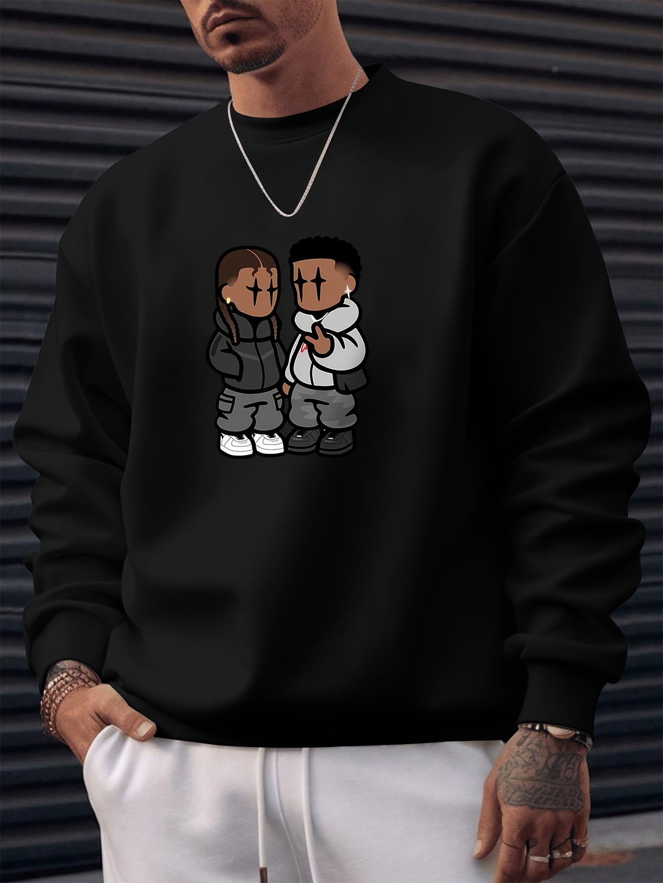 Men's Stylish Creative Cartoon Style Printed Floral Sports Casual Commuting Versatile Long-sleeved Round Neck Black Sweatshirt - An Exquisite