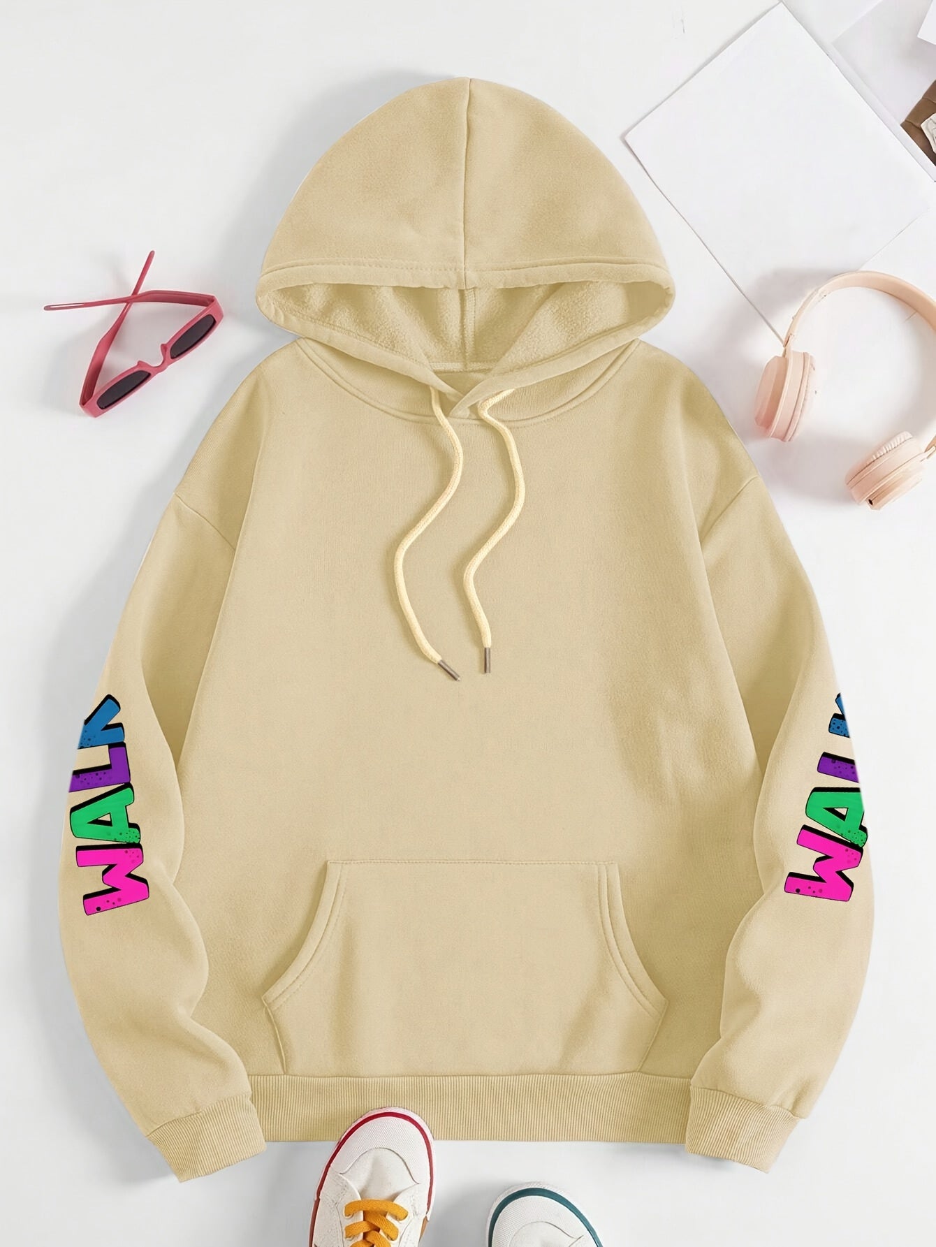 Plus Size Women's Hoodie with Colorful Walk Shoes Print - Casual Long Sleeve Pullover with Pocket, Cozy Polyester Hooded Sweatshirt for Fall & Winter, Fall Fashion Hoodie|Vibrant Shoe Design|Machine Washable Top