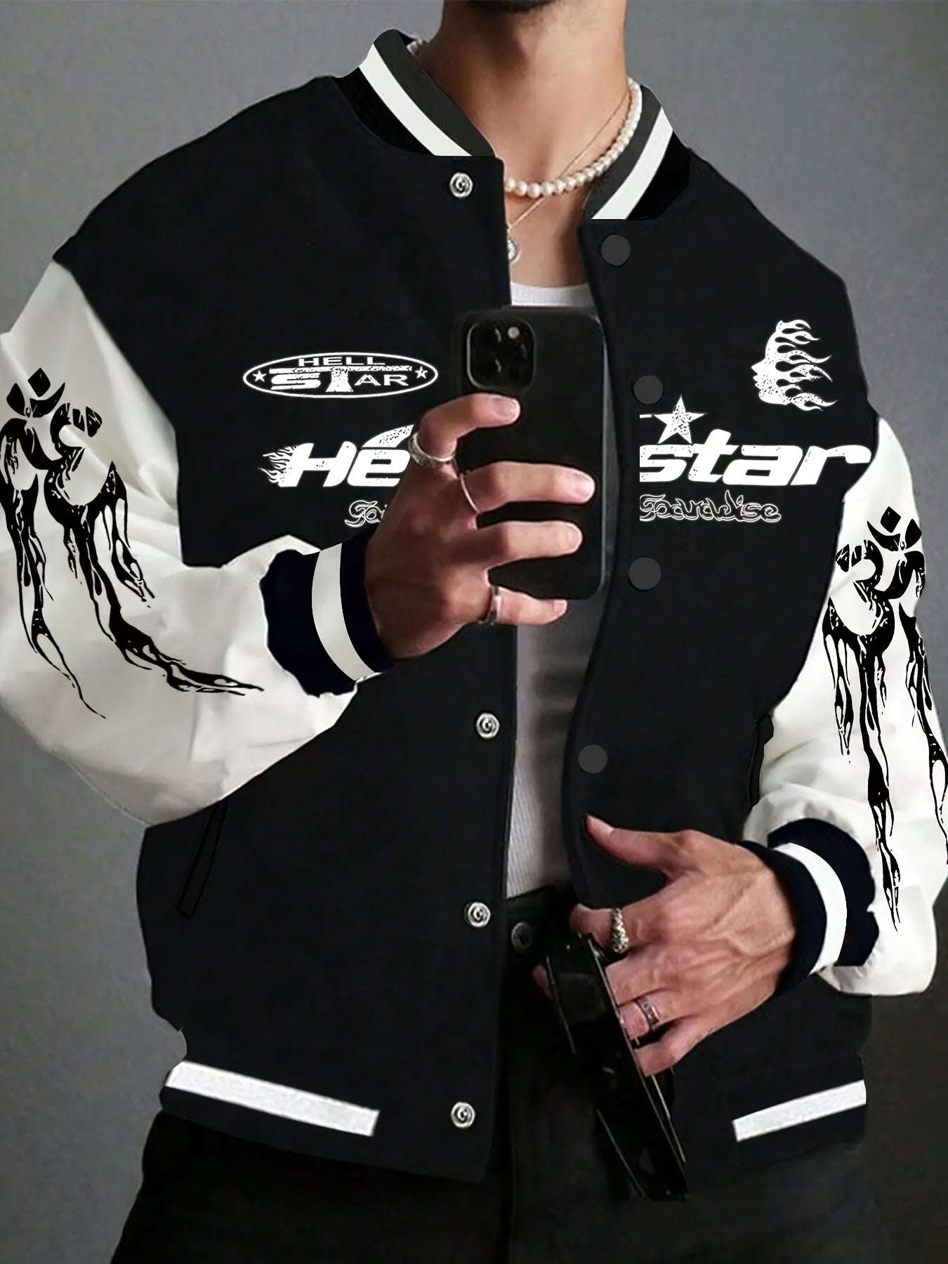 Men's Star & Woman Print Varsity Jacket - Casual Long Sleeve Baseball Collar Coat for Fall/Winter, Machine Washable