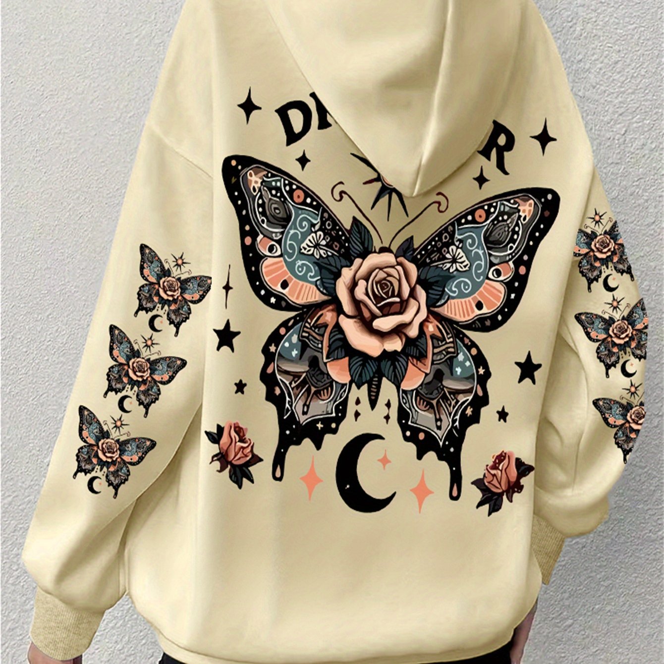 Plus Size Butterfly Print Drawstring Hoodie, Casual Long Sleeve Kangaroo Pocket Hooded Sweatshirt For Fall & Winter, Women's Plus Size Clothing