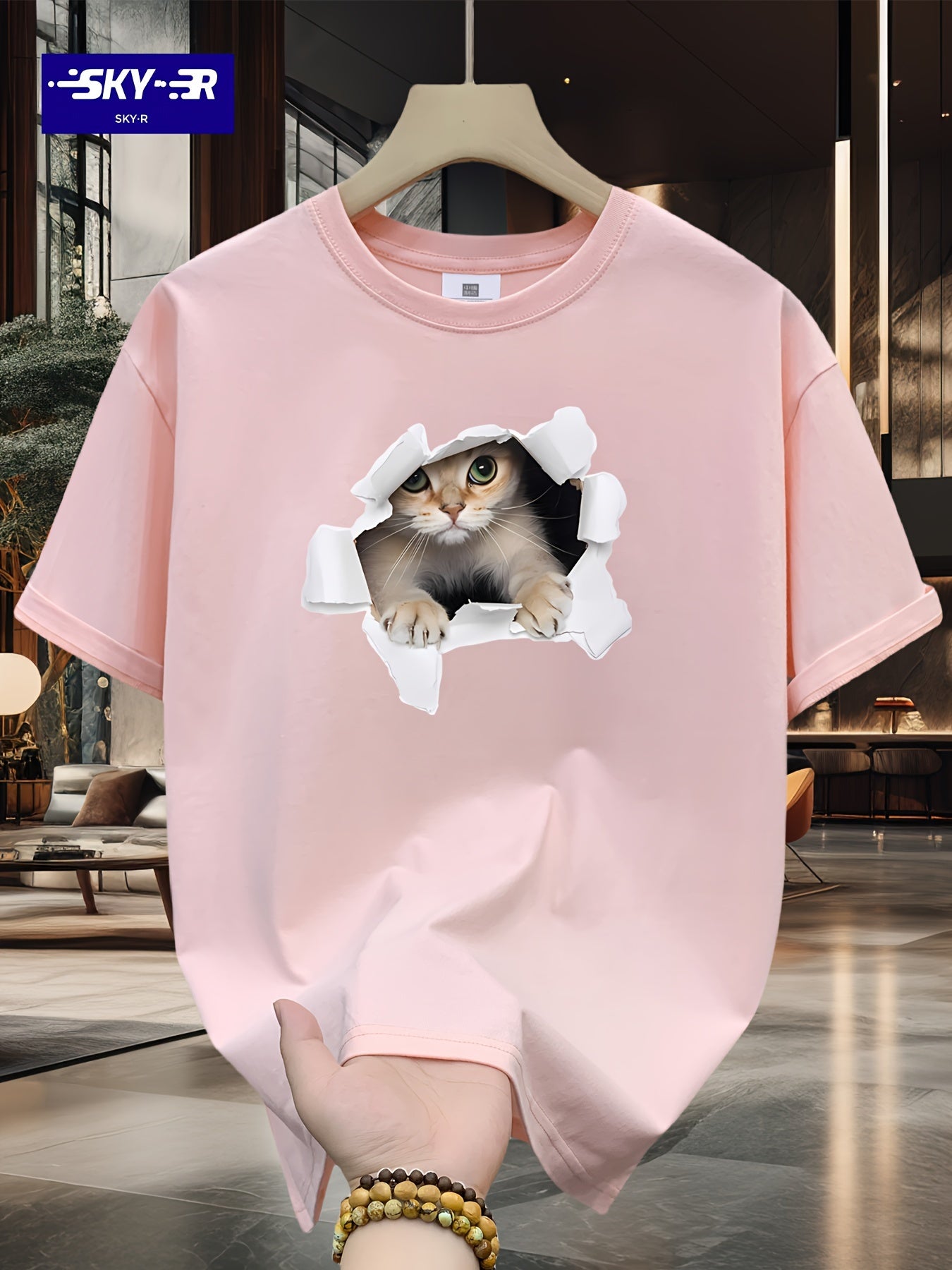 Men's 100% Cotton Loose Cat Graphic Print T-shirt, Short Sleeve Crew Neck Tee, Men's Clothing For Summer Outdoor