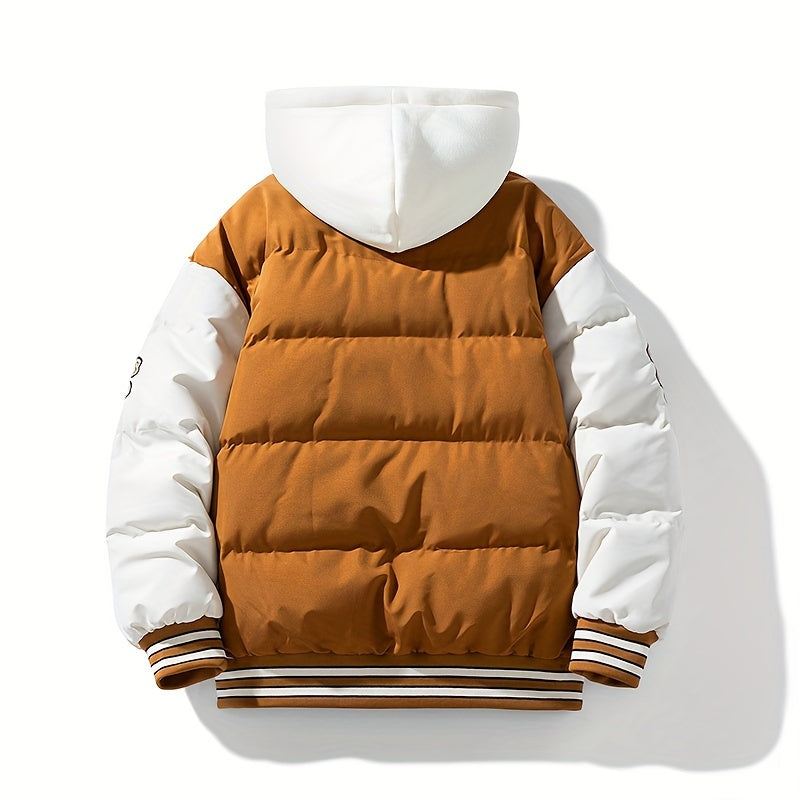 Men's Preppy Style Hooded Varsity Jacket - Casual Color Block Puffer with Embroidered Patches, Zip-Up, Long Sleeves, Polyester - Perfect for Baseball & Casual Attire, Everyday Jacket|Color Block Design|Ribbed Cuffs