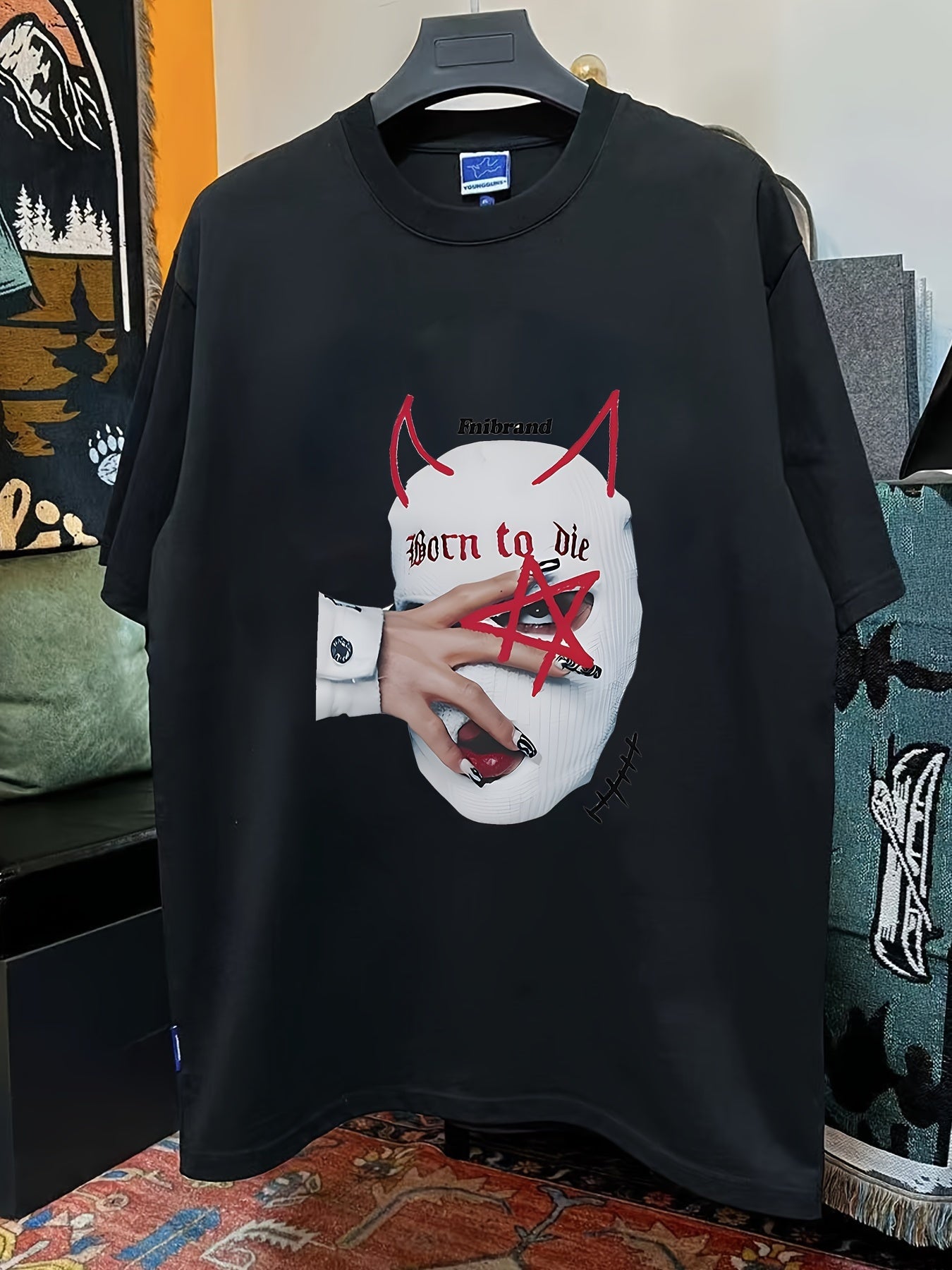Retro-Inspired "Born to Die" Graphic Cotton Tee for Men - Loose Fit, Drop Shoulder, Short Sleeve with Unique Star and Hand Print Design, Round Neck - Casual Summer Wear