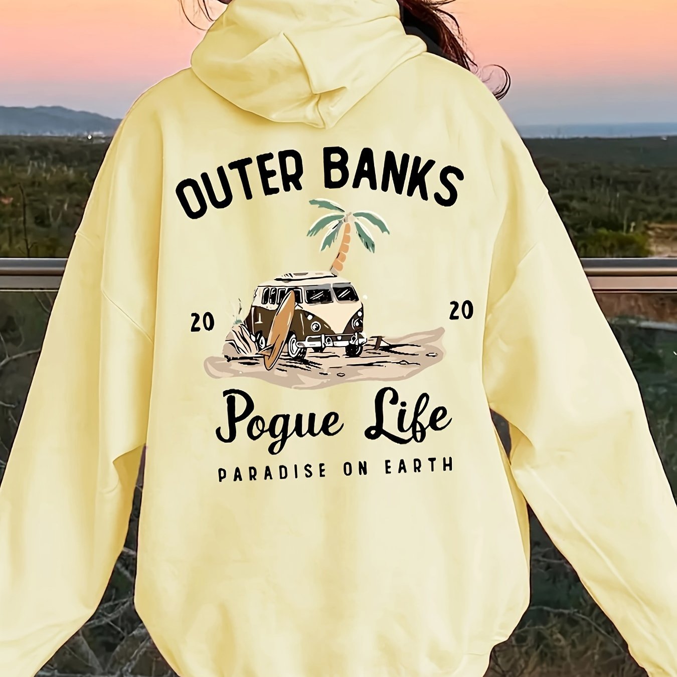 Funny Landscape & Letter Print Kangaroo Pocket Hoodie, Casual Long Sleeve Drawstring Hoodies Sweatshirt for Winter & Autumn, Women's Clothing, Oversized Hoodie