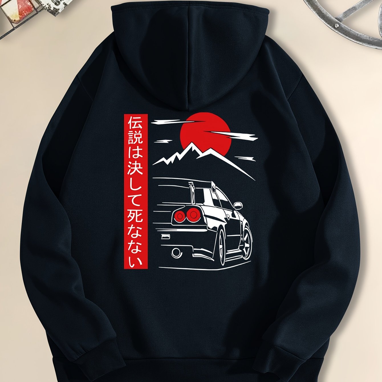 Men's Casual Black Hoodie with Sunset Sports Car Graphic - Cozy Long Sleeve Hooded Sweatshirt, Polyester, Machine Washable for Autumn & Winter, Sweater Hoodie