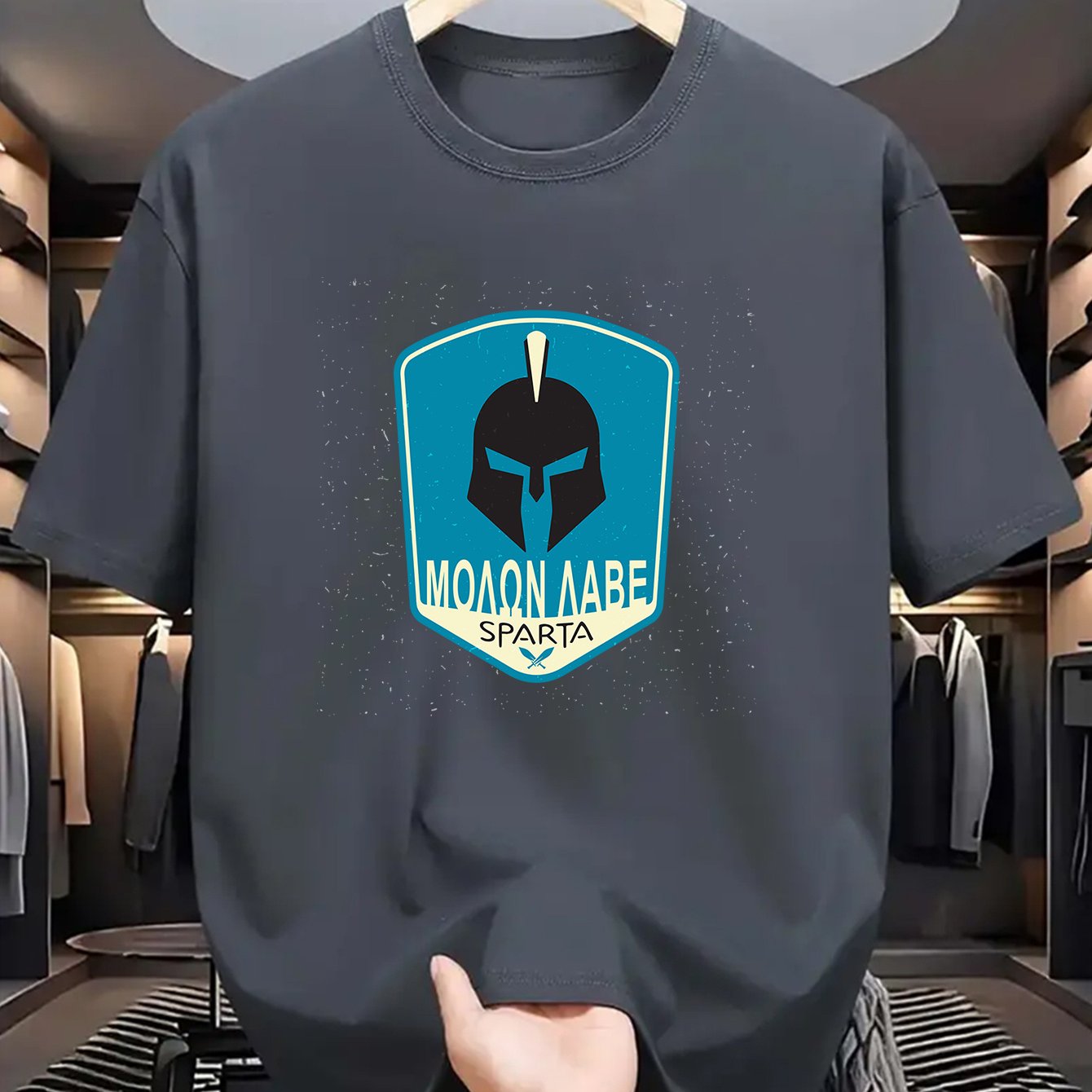 Men's SPARTA Graphic Tee - Beige Crew Neck Short Sleeve T-Shirt with Blue Spartan Helmet Design, 100% Polyester, Casual Summer Wear for Everyday & Special Occasions, Cool Oversized Tee Shirts