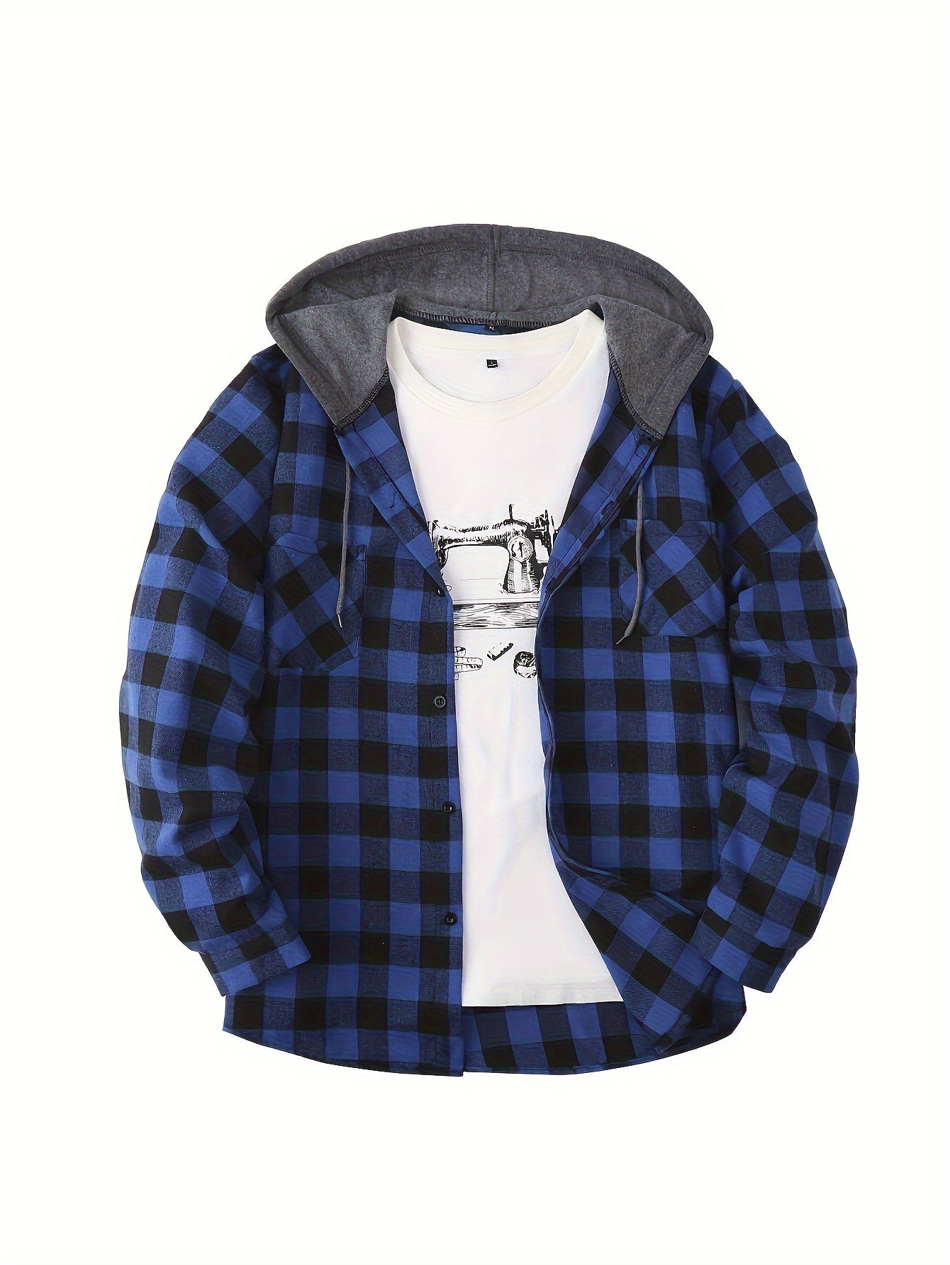 Fashionable Design Men's Plaid Pattern Hooded Long Sleeve And Button Up Shirt Jacket With Pockets, Chic And Trendy Hoodie Jacket For Outdoors Leisurewear