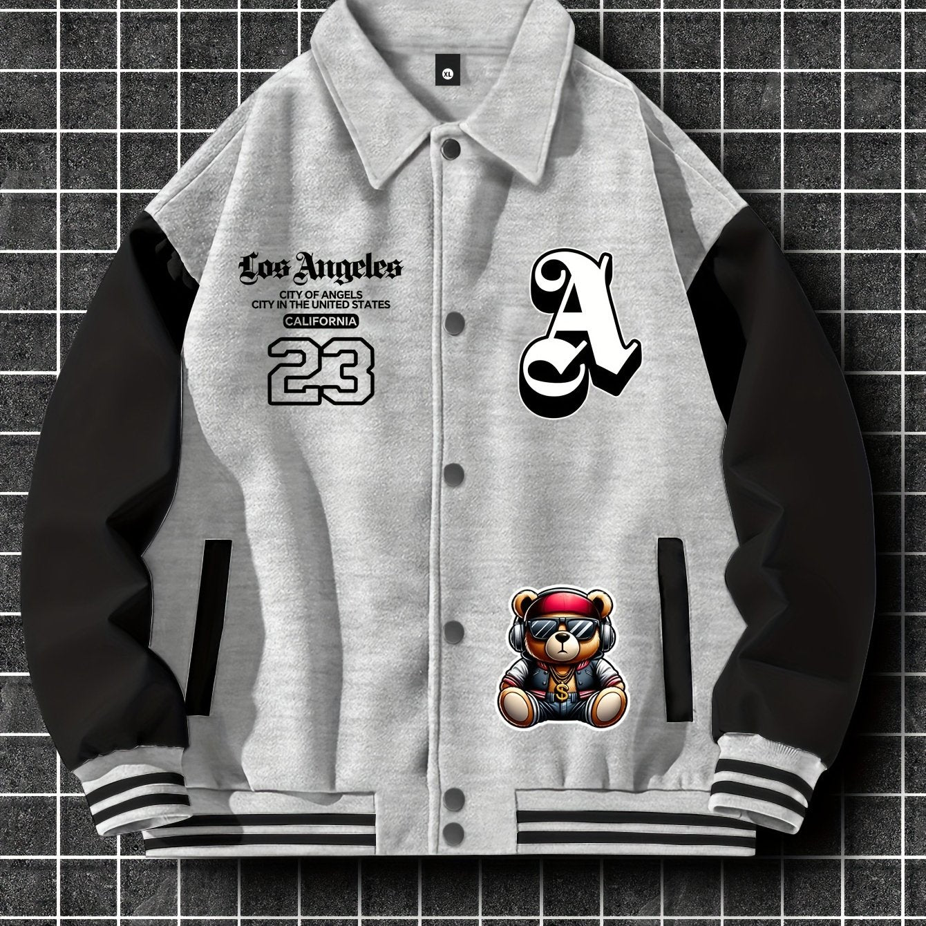 Men'S Casual Polyester Lightweight Jacket, American Streetwear Baseball Style with Random Print, Collar, Pockets, Regular Fit, Knit Fabric