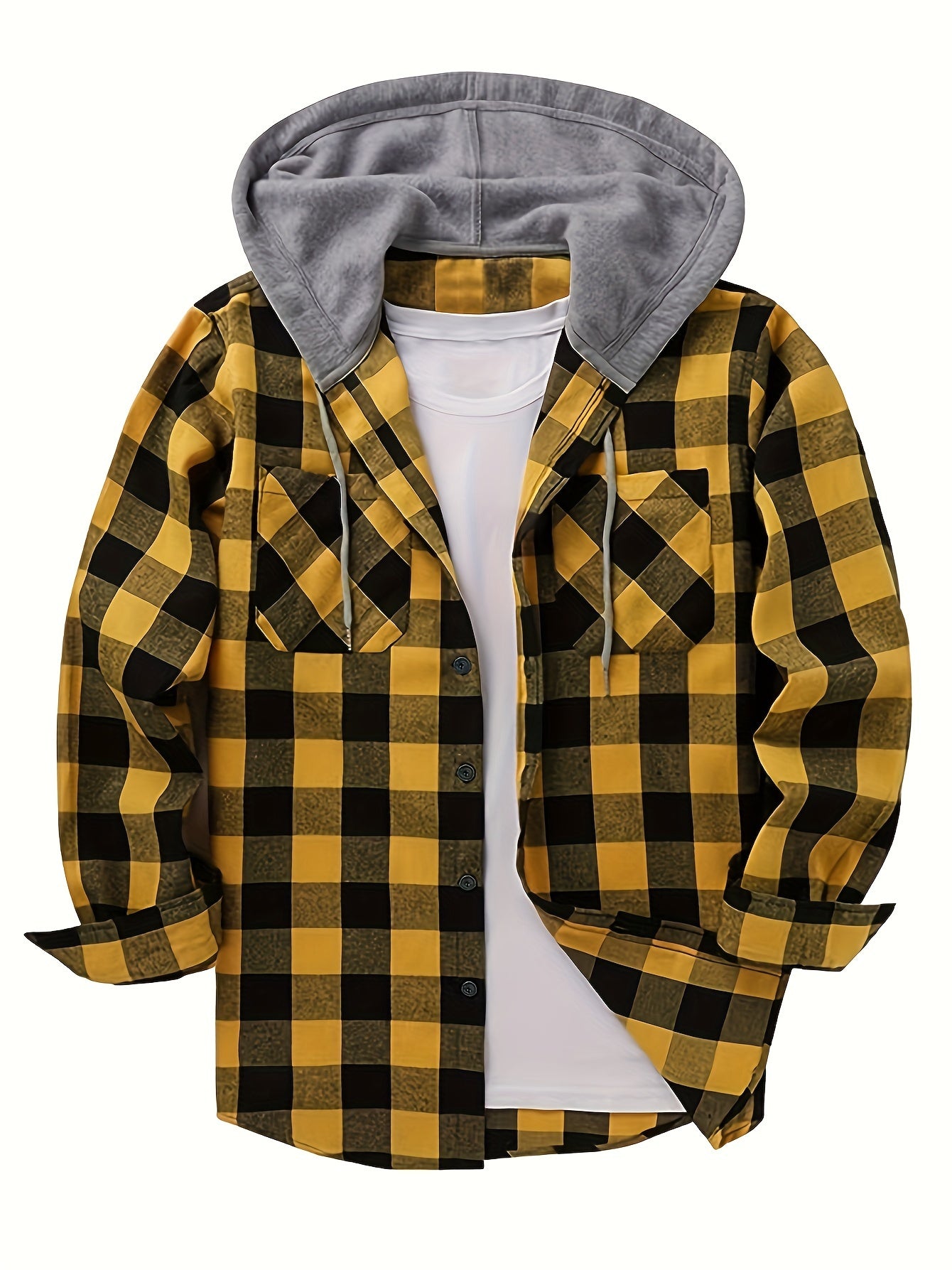 Fashionable Design Men's Plaid Pattern Hooded Long Sleeve And Button Up Shirt Jacket With Pockets, Chic And Trendy Hoodie Jacket For Outdoors Leisurewear
