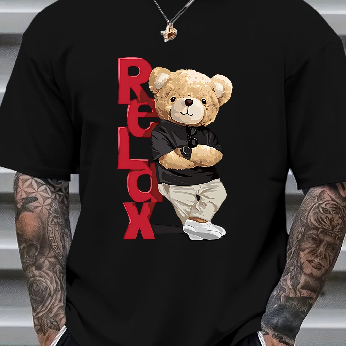 Men's Trendy Bear Print Short Sleeve T-Shirt - Comfortable Polyester Blend, Round Neck, Machine Washable for Summer, Leisure Style, Conventional Version, Summer