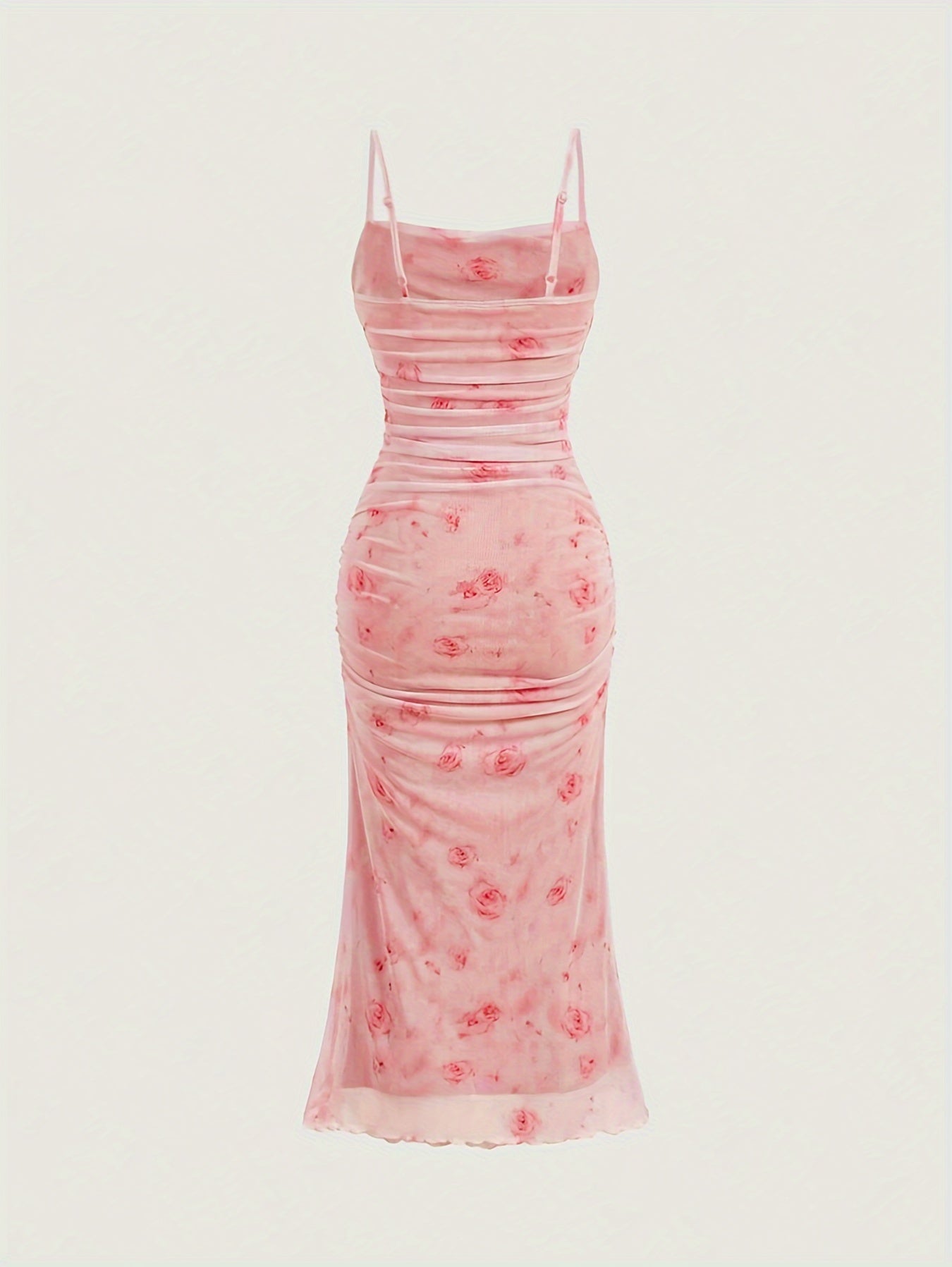 Floral Print Spaghetti Suspender Dress, Elegant Sleeveless Ruched Bodycon Cami Dress for Spring & Summer, Women's Clothing