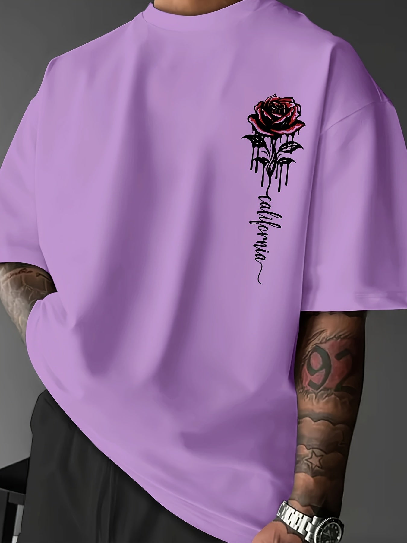 Men's Casual Rose Print T-Shirt - Loose Fit, Crew Neck, Polyester Blend, Summer Wear