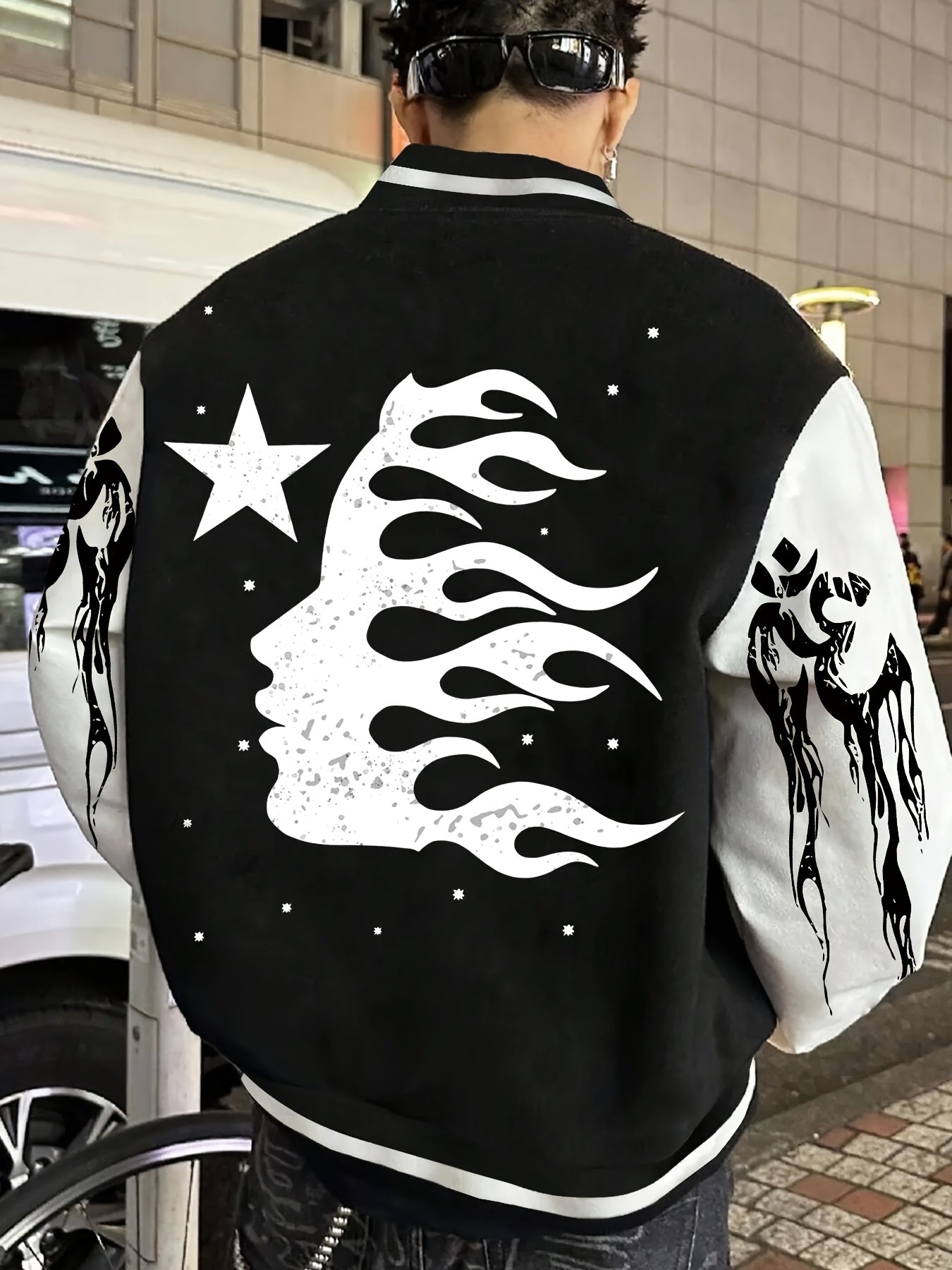 Men's Star & Woman Print Varsity Jacket - Casual Long Sleeve Baseball Collar Coat for Fall/Winter, Machine Washable